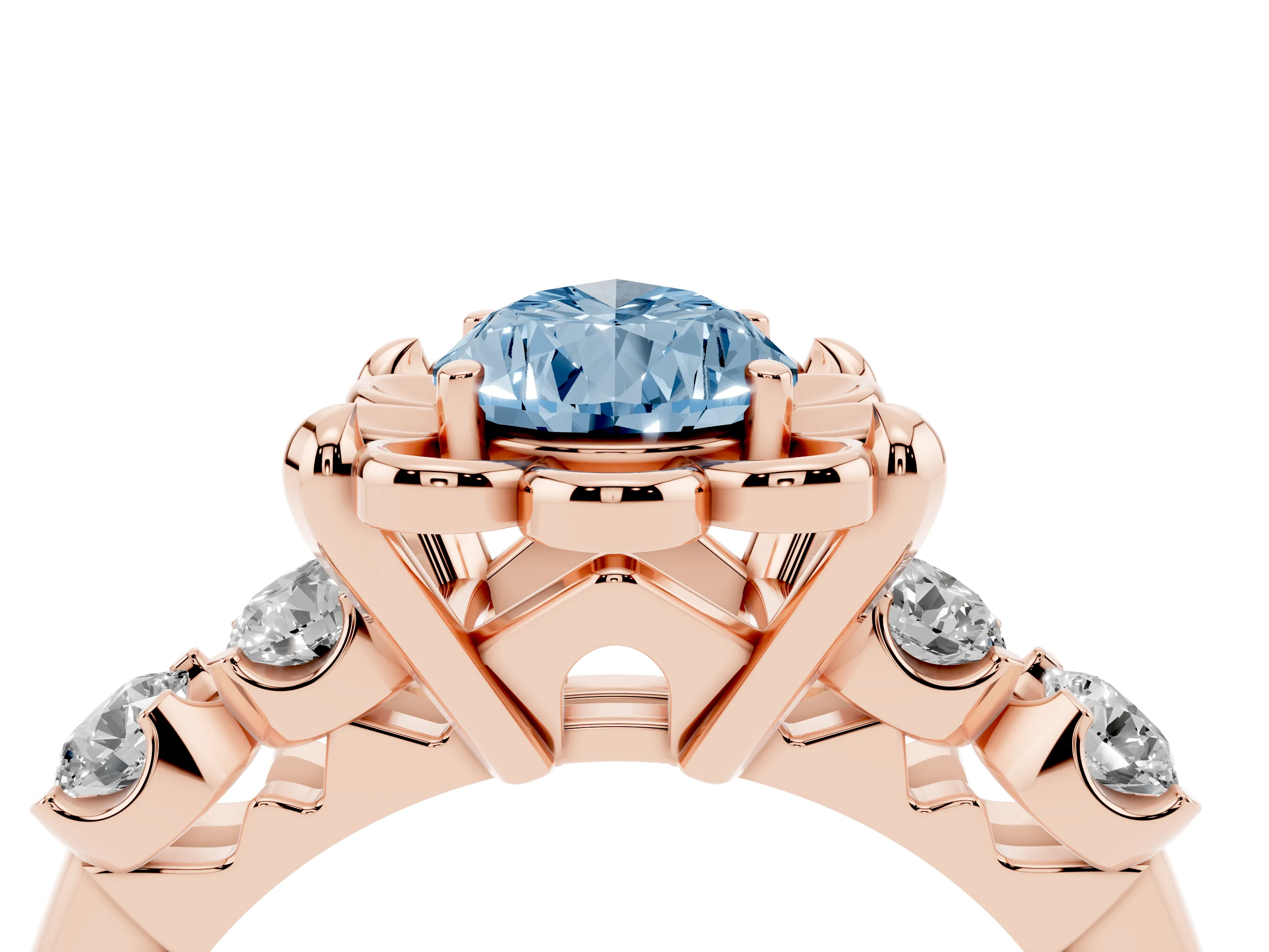 Fancy Blue Pear Cut Diamond Floral Halo Ring Set in Rose gold with Shared Prong Band