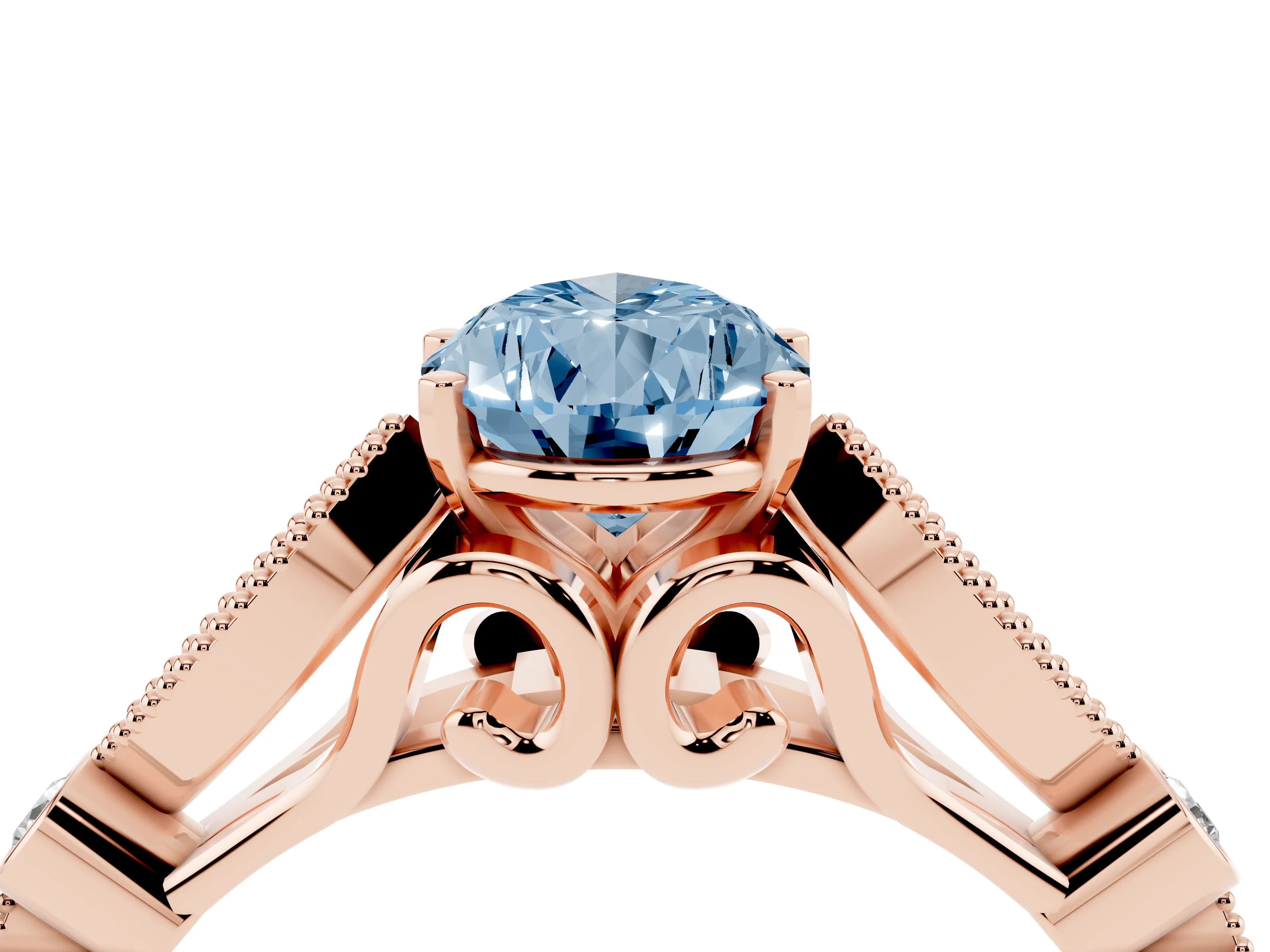Fancy Blue Pear Cut Diamond Solitaire Ring Set in Rose gold with Milgrain Marquise and Bezel Accents