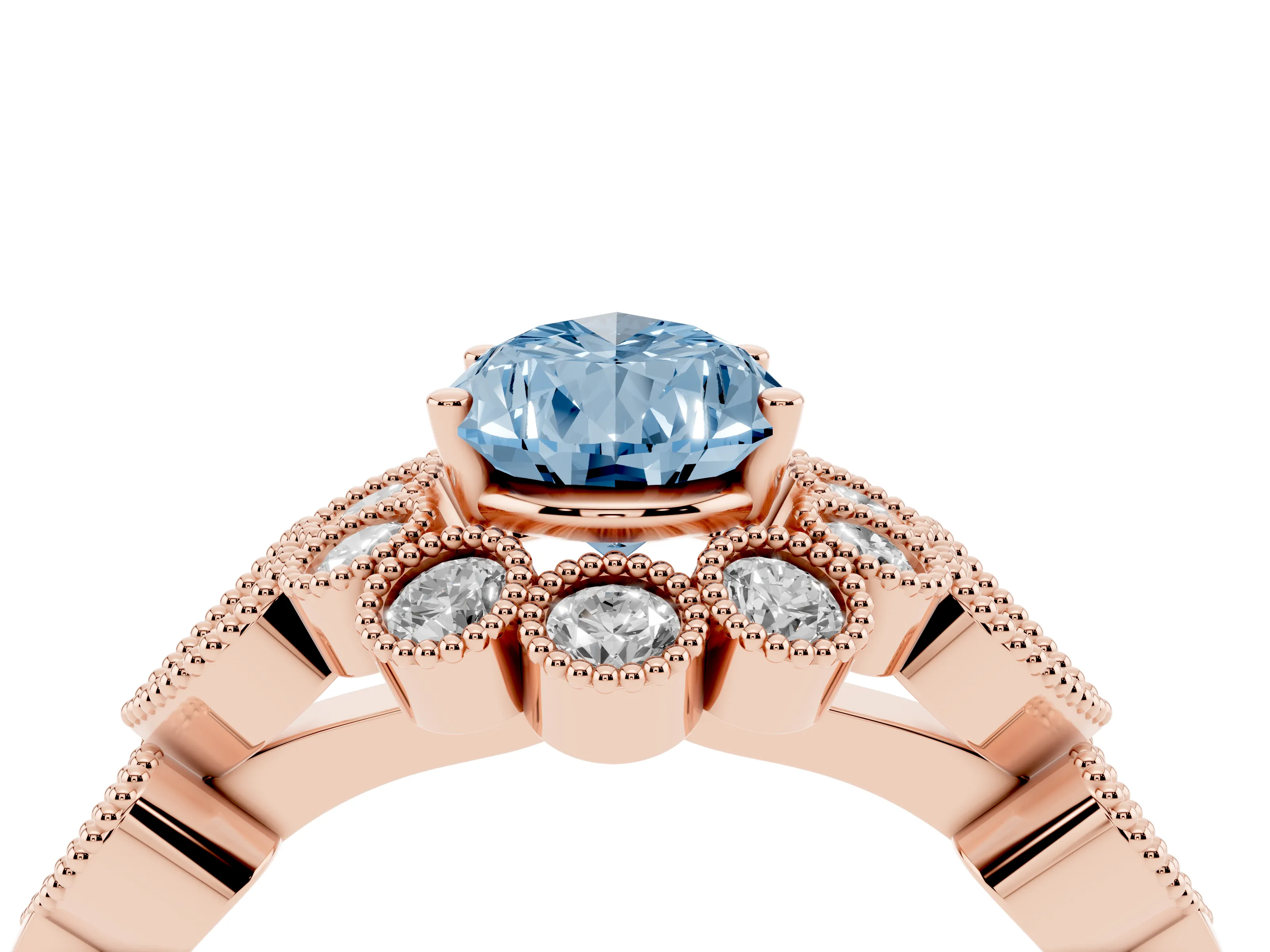 Fancy Blue Pear Cut Diamond Solitaire Ring Set in Rose gold with Milgrain Pavé Heart Band
