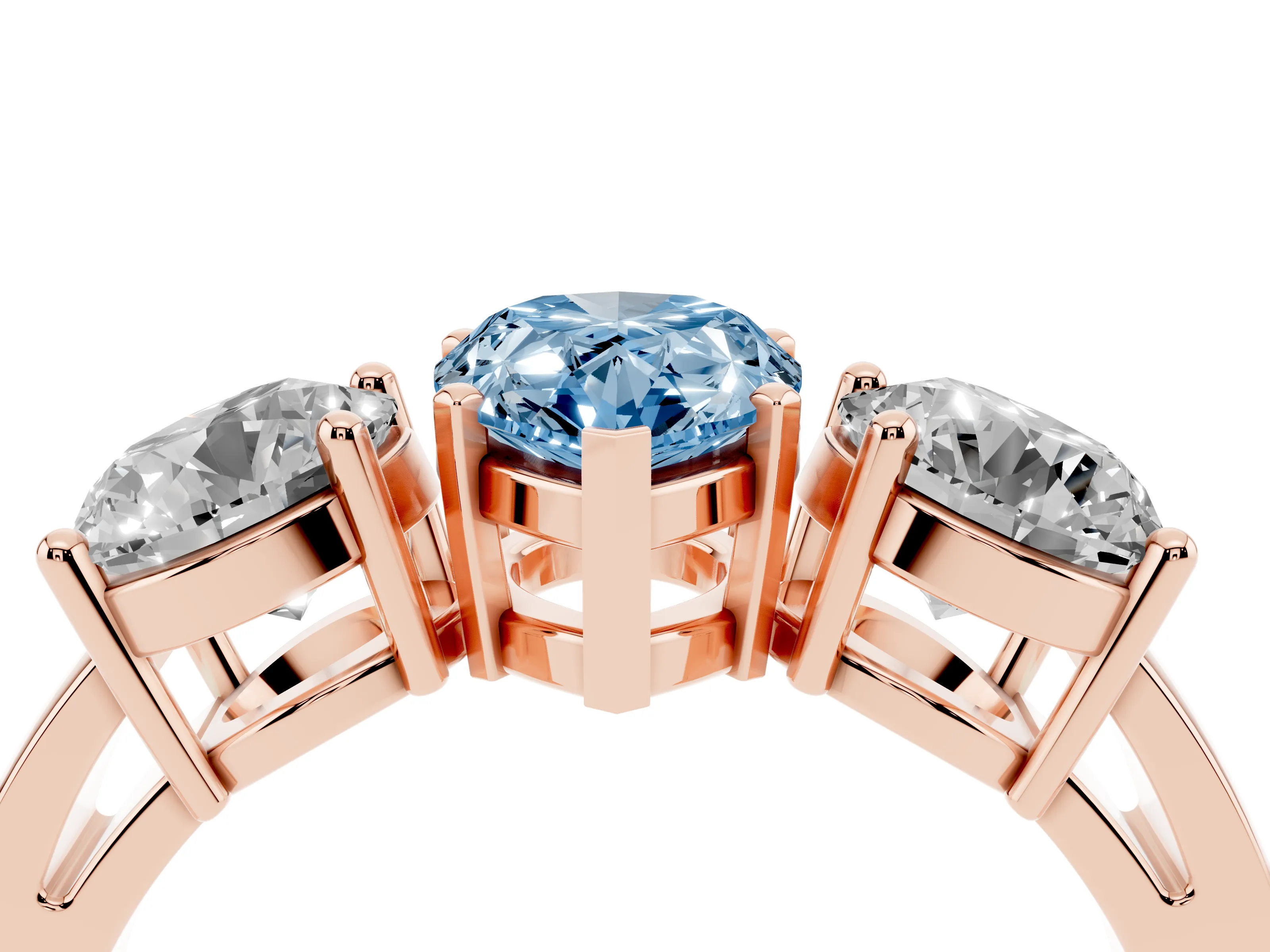 Fancy Blue Pear Cut Diamond Three-Stone Ring Set in Rose gold with Round Side Stones and Classic Band