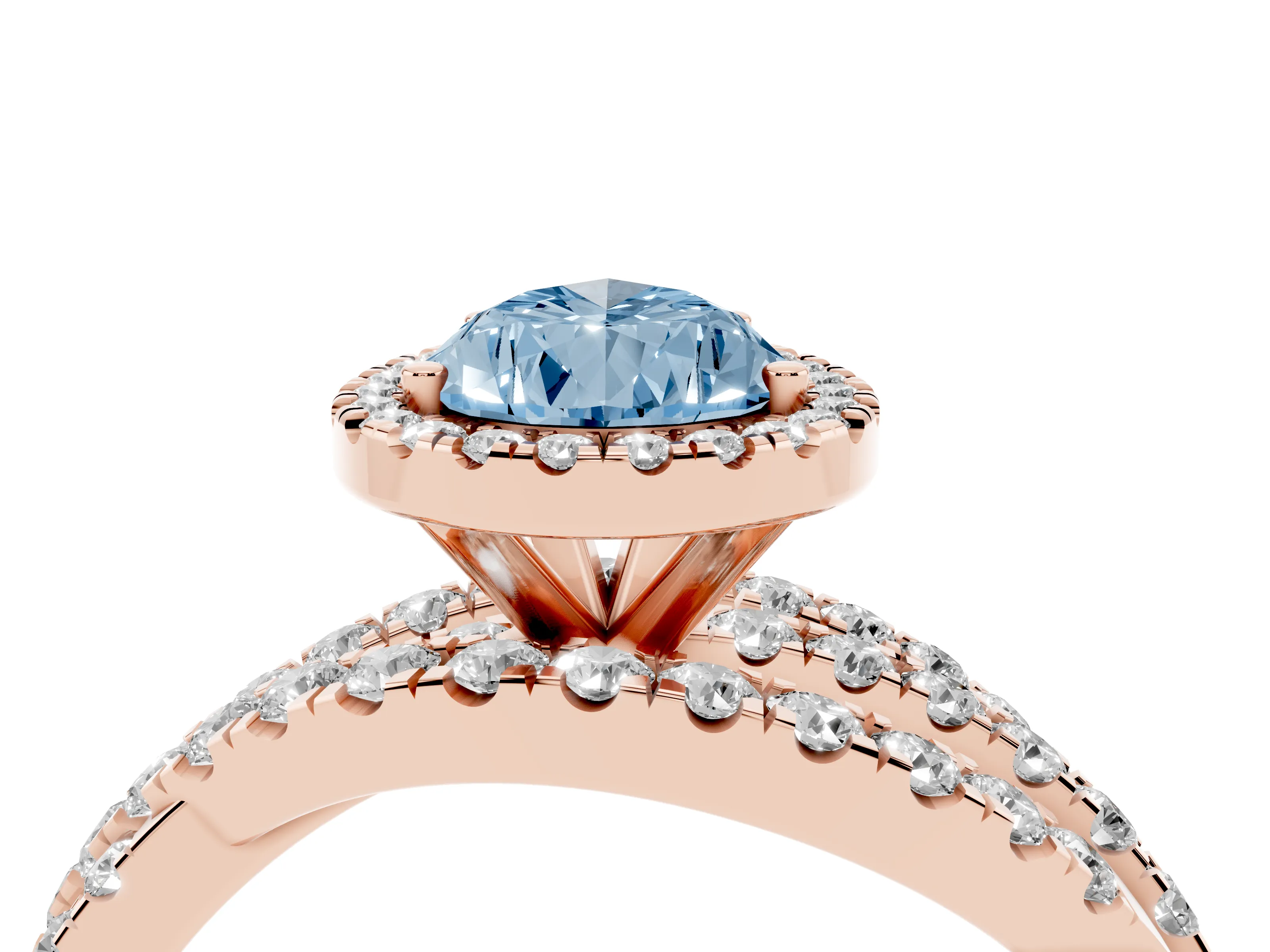 Fancy Blue Pear Cut Diamond Halo Ring Set in Rose gold with Round Crossover Split Shank and Prong Setting