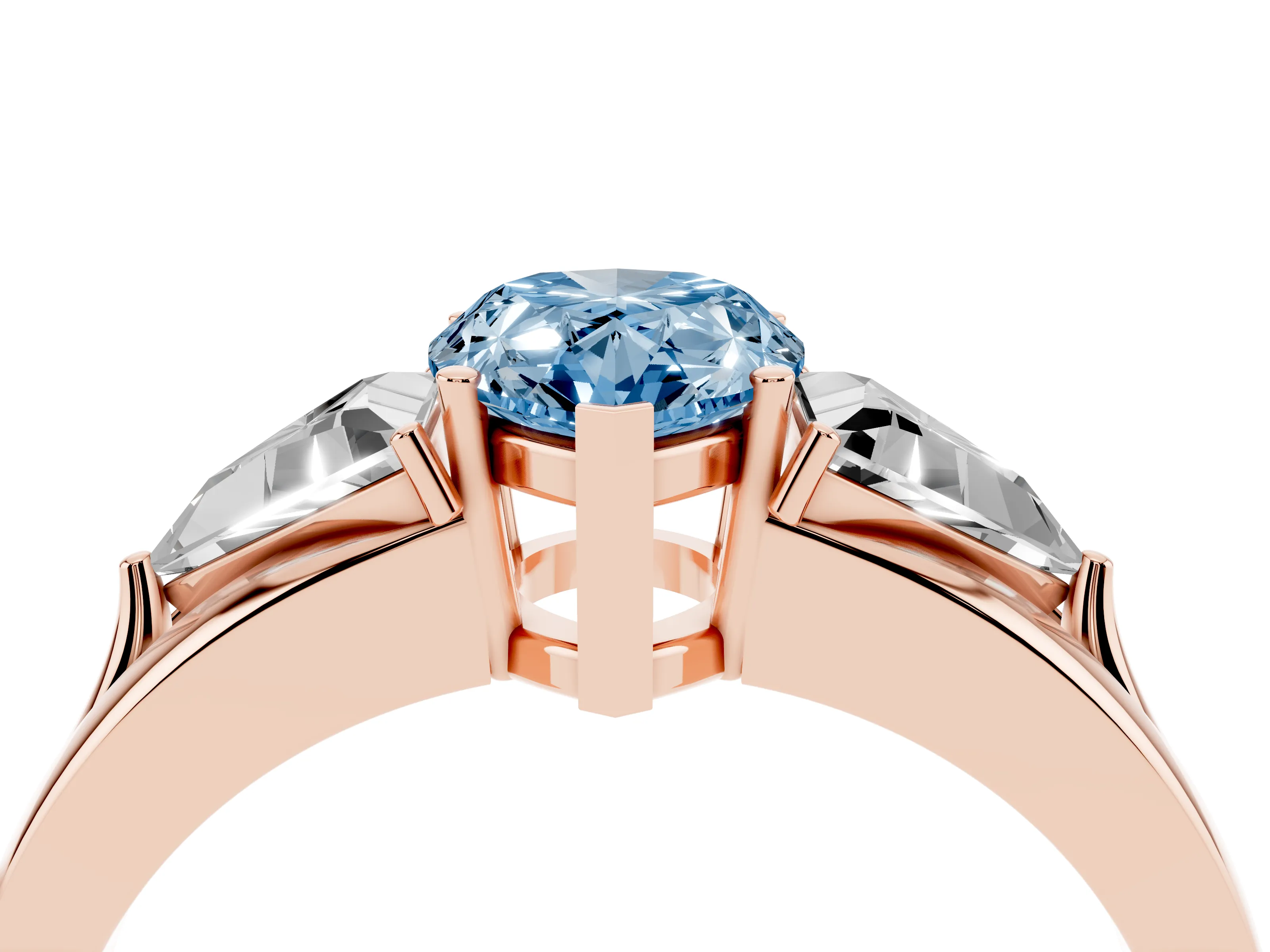 Fancy Blue Pear Cut Diamond Three-Stone Ring Set in Rose gold with Trillion Side Stones and Split Shank