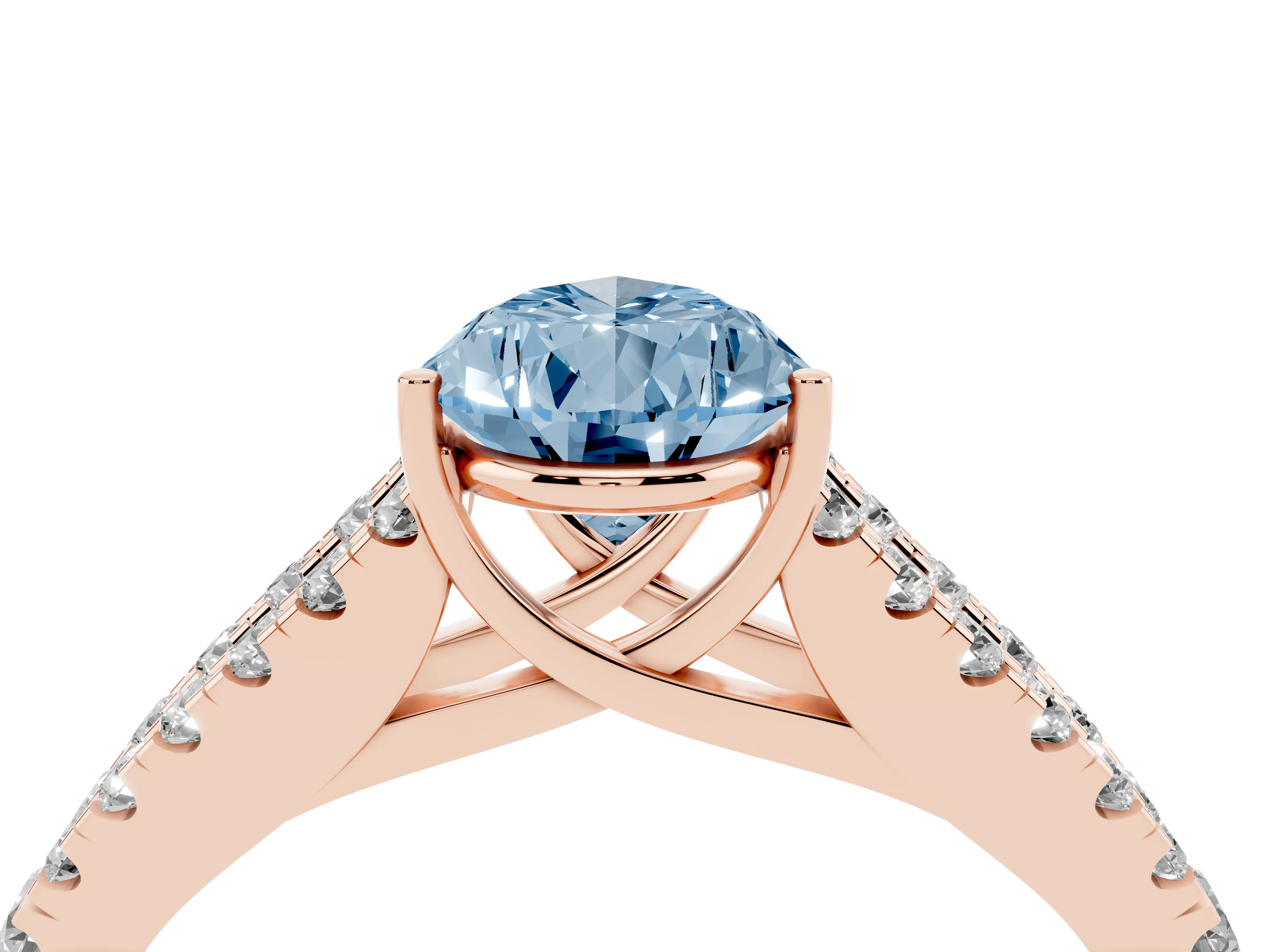 Fancy Blue Pear Cut Diamond Split Shank Pavé Engagement Ring Set in Rose gold with Prong-Held Center Stone