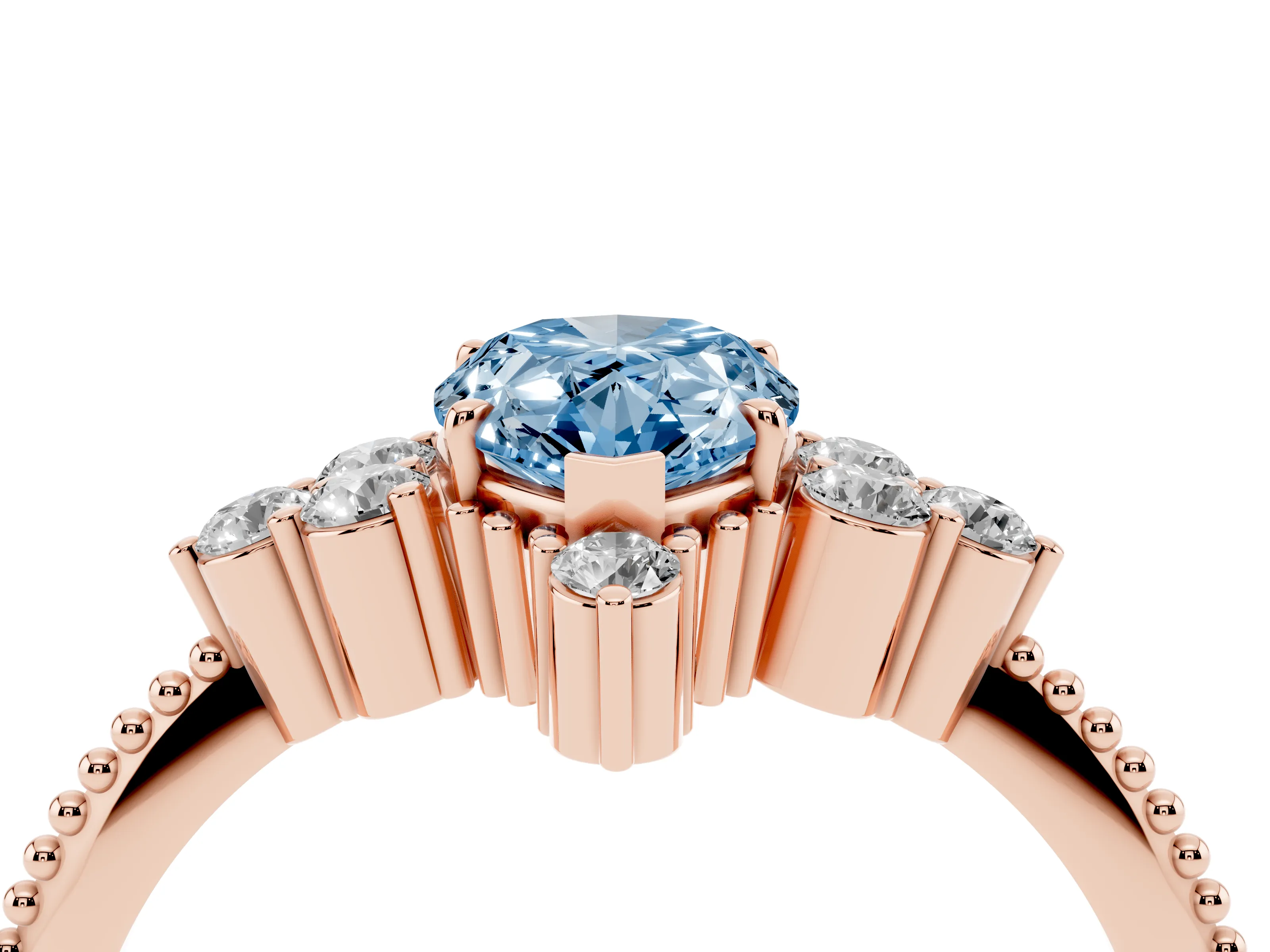 Fancy Blue Pear Cut Diamond Cluster Ring Set in Rose gold with Beaded Band