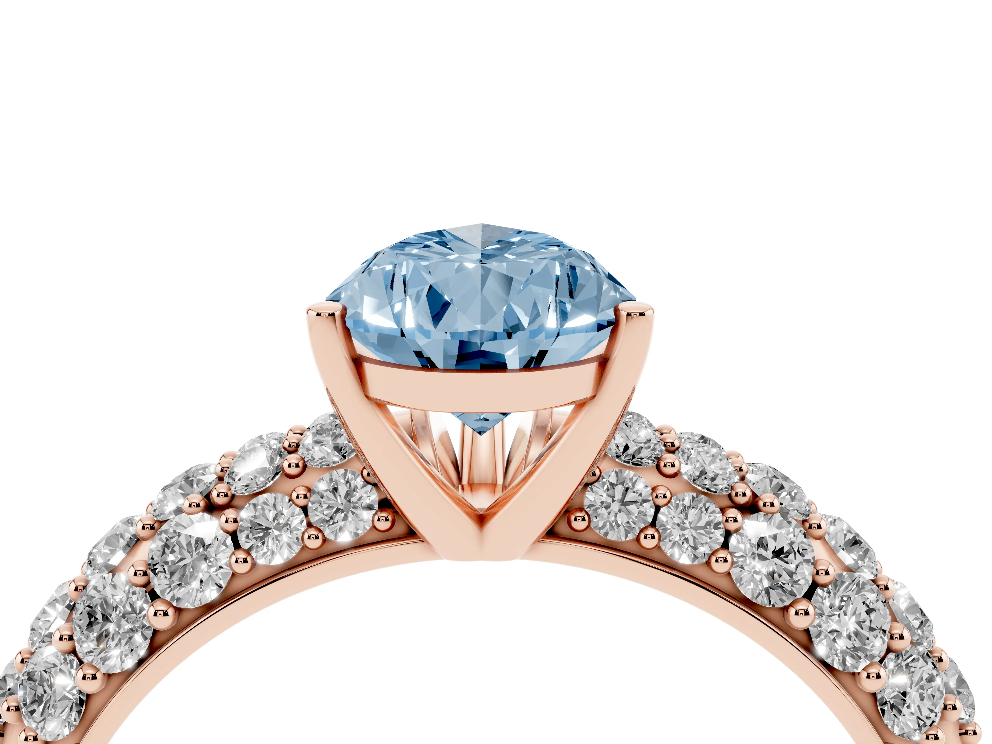 Fancy Blue Pear Cut Diamond Pavé Band Solitaire Ring Set in Rose gold with Close-Set Accent Stones and Prong Setting