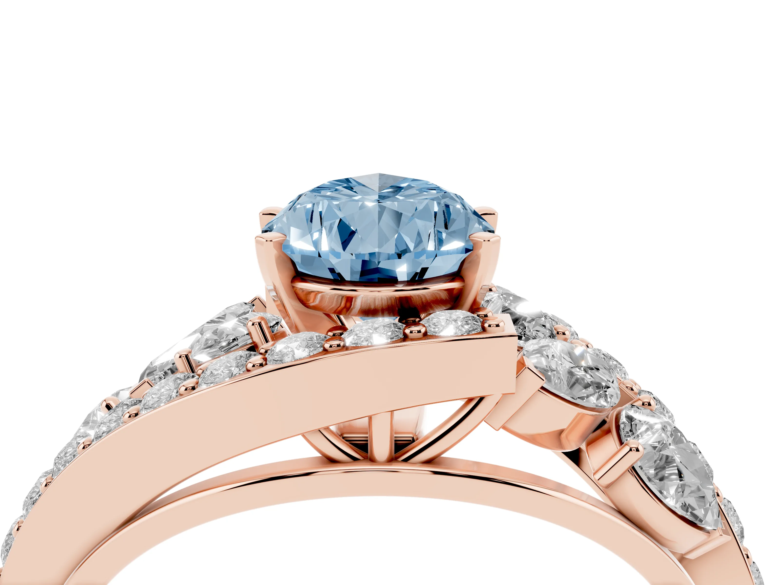 Fancy Blue Pear Cut Diamond Halo Ring Set in Rose gold with Marquise and Pavé Band in Prong Setting