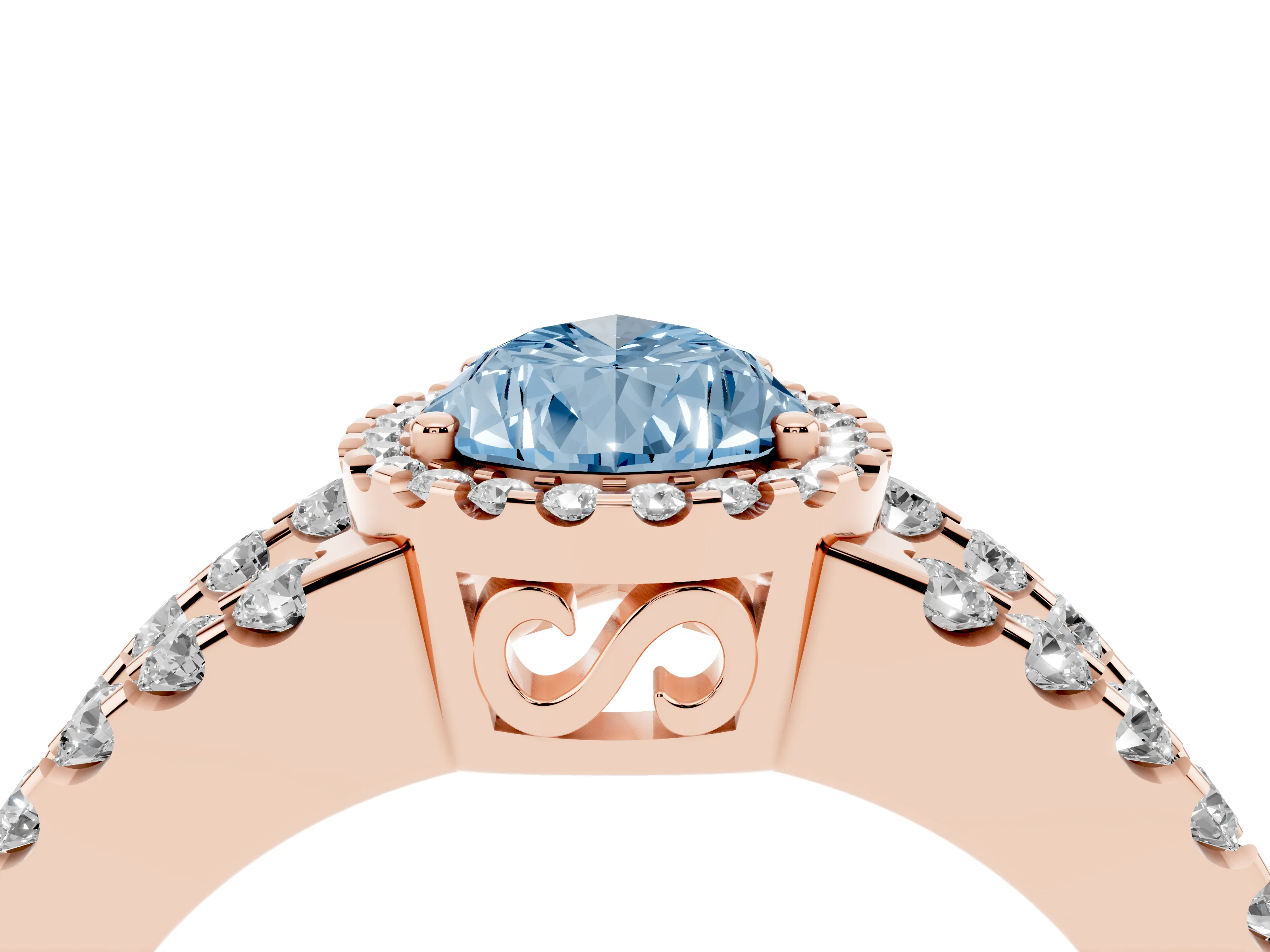 Fancy Blue Pear Cut Diamond Halo Ring Set in Rose gold with Pavé Split Shank and Prong Setting