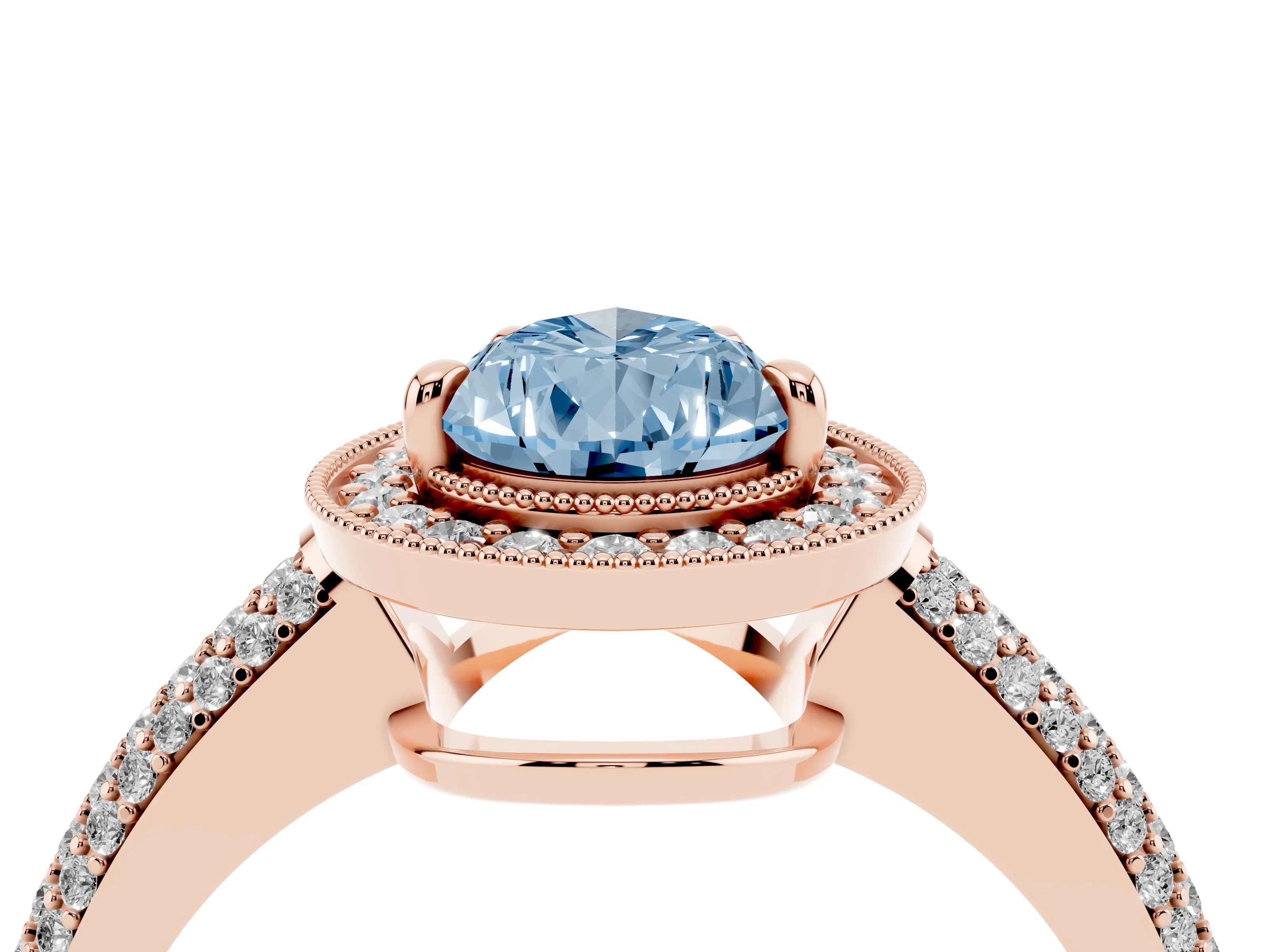 Fancy Blue Pear Cut Diamond Halo Pavé Band Set in Rose gold with Prong Setting