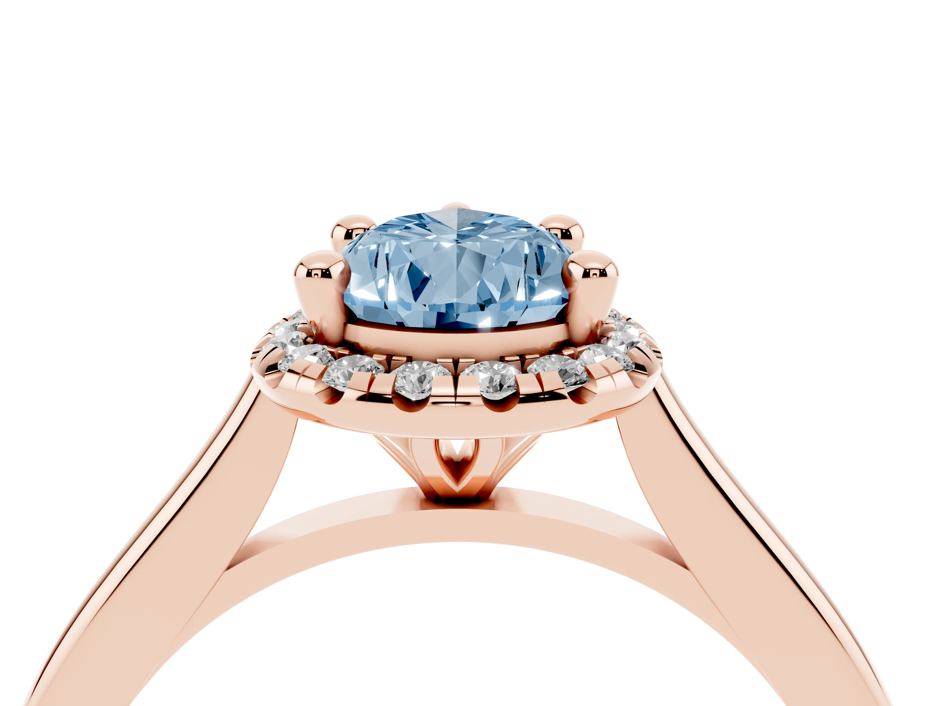 Fancy Blue Pear Cut Diamond Halo Engagement Ring Set in Rose gold with Pavé Band and Rising Shoulders