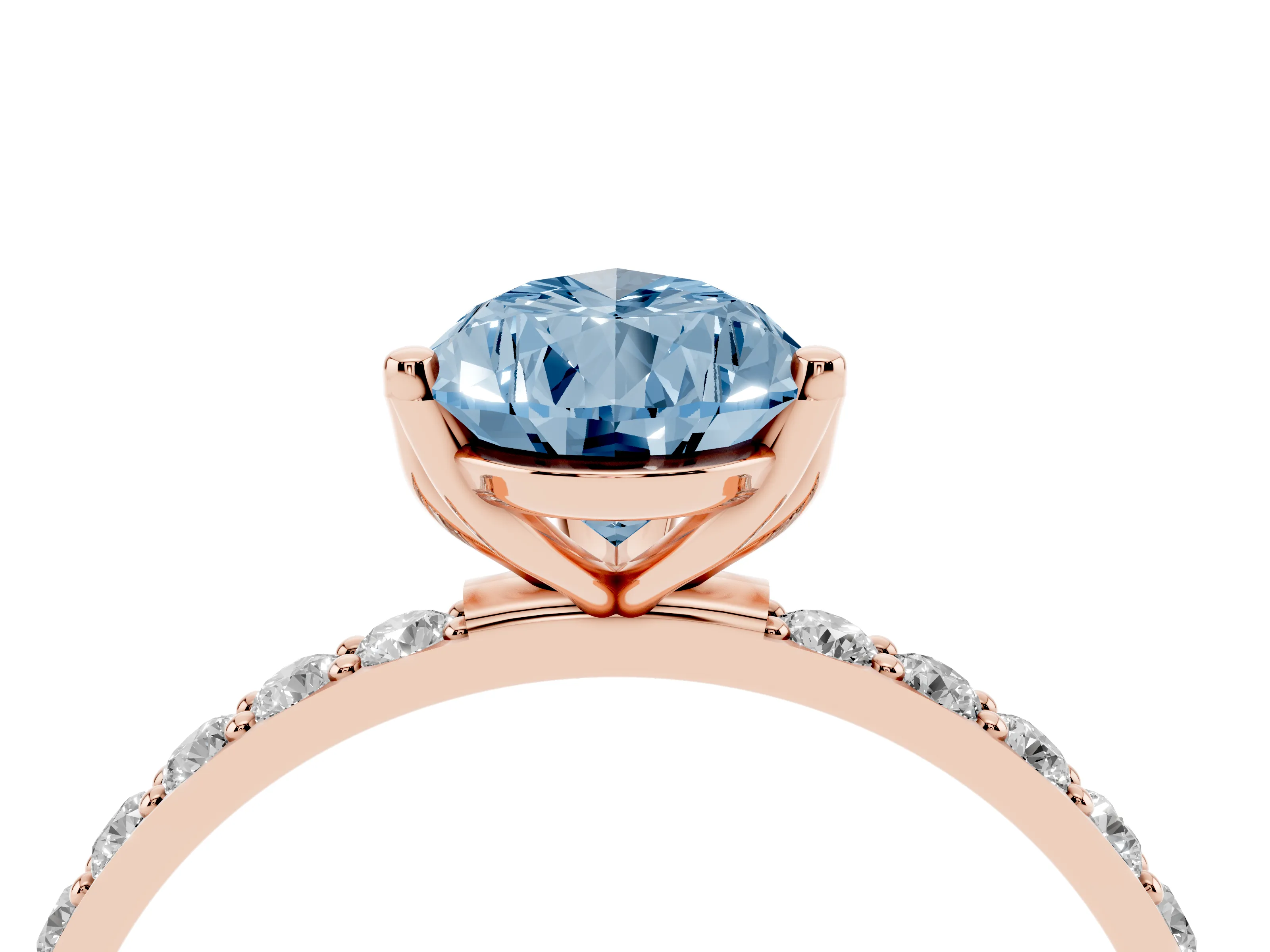 Fancy Blue Pear Cut Diamond Solitaire Engagement Ring Set in Rose gold with Round Pavé Band and Prong Setting