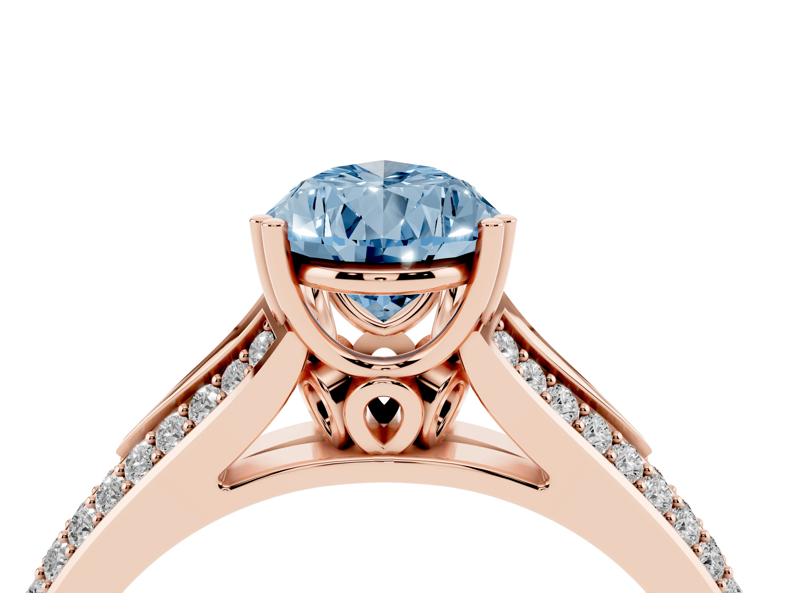 Fancy Blue Pear Cut Diamond Split Shank Pavé Engagement Ring Set in Rose gold with Prong-Set Center Stone