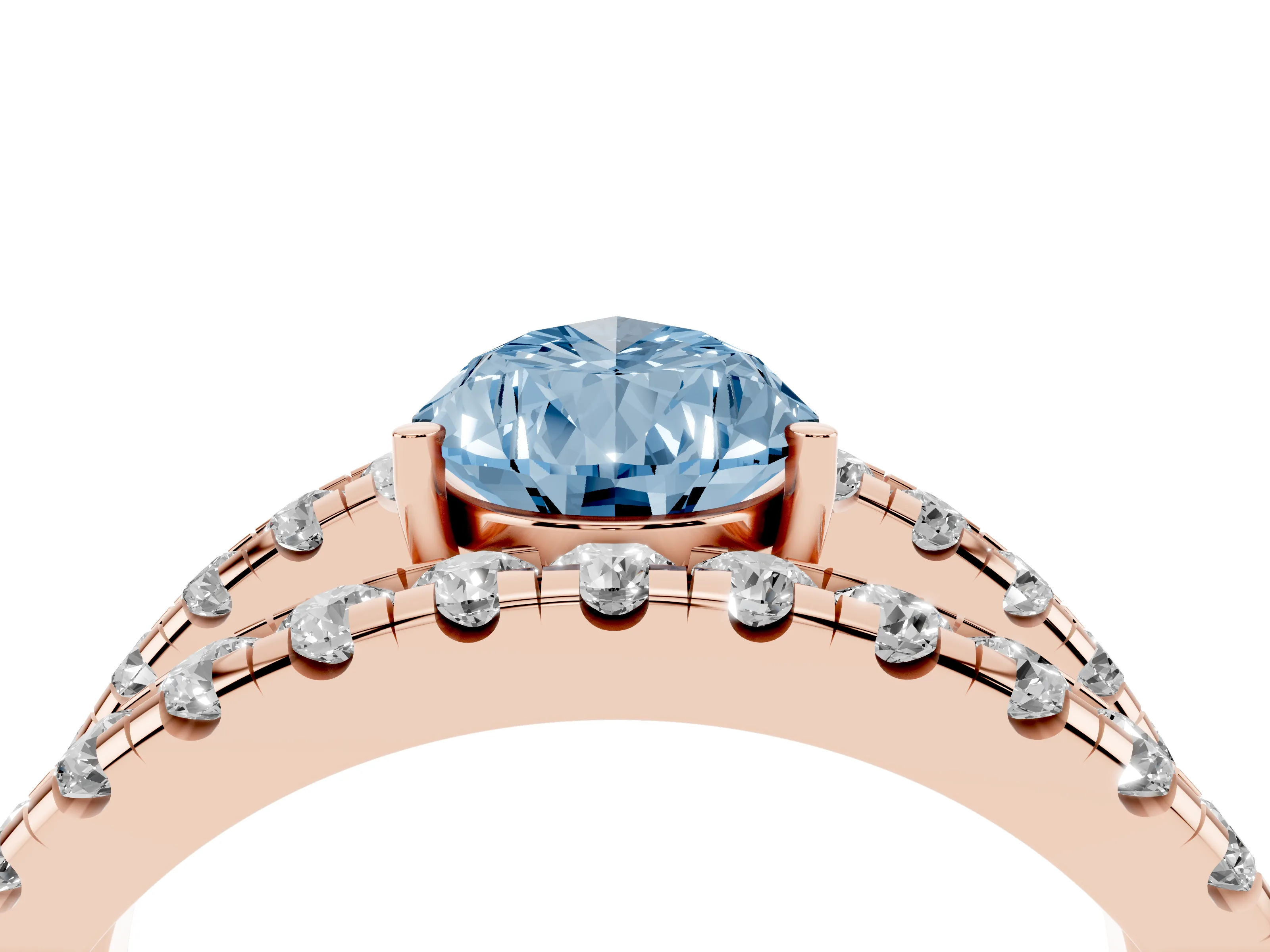 Fancy Blue Pear Cut Diamond Split Shank Pavé Solitaire Ring Set in Rose gold with Open Shank Design