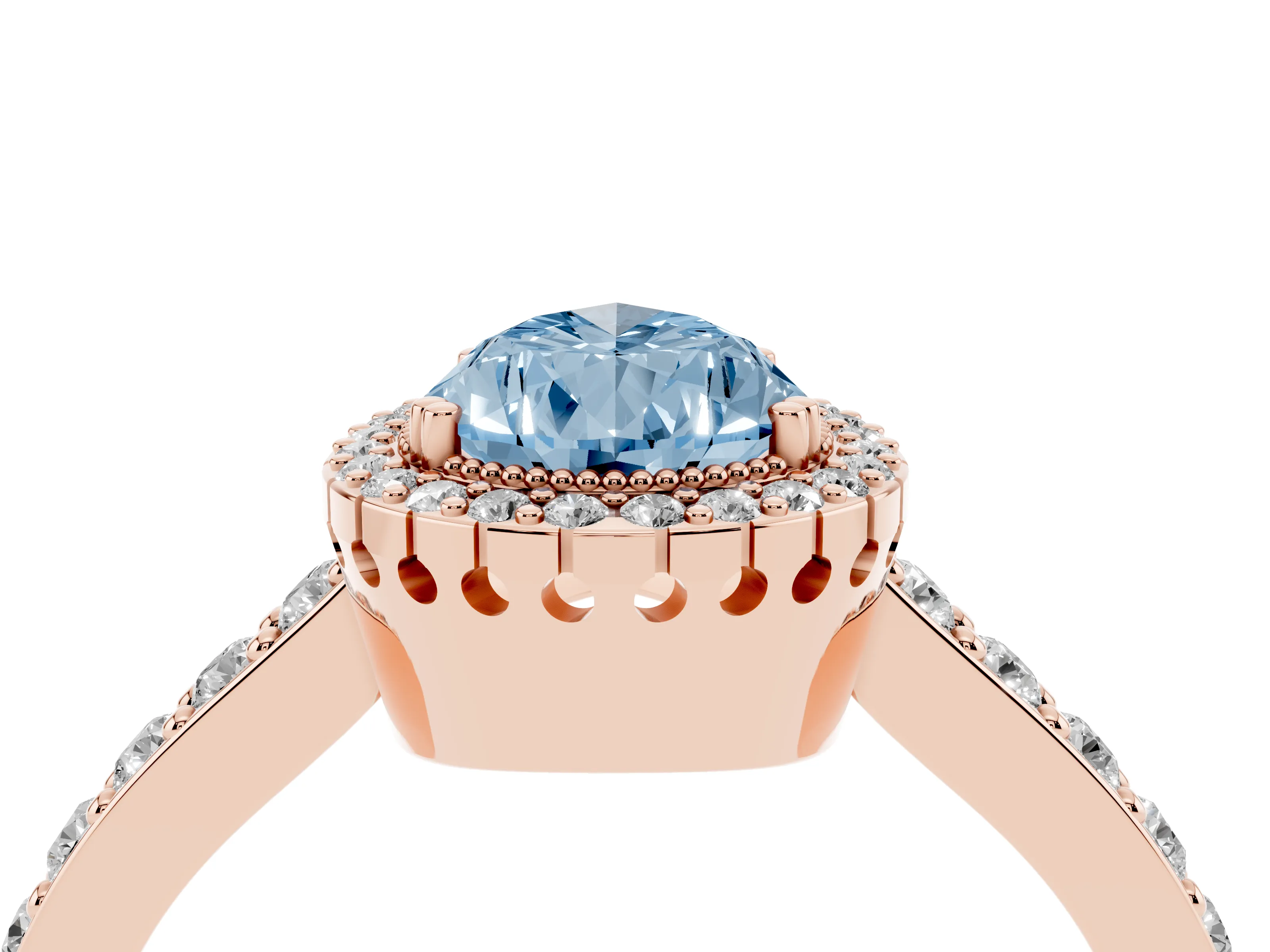 Fancy Blue Pear Cut Diamond Halo Engagement Ring Set in Rose gold with Milgrain Detail and Pavé Band