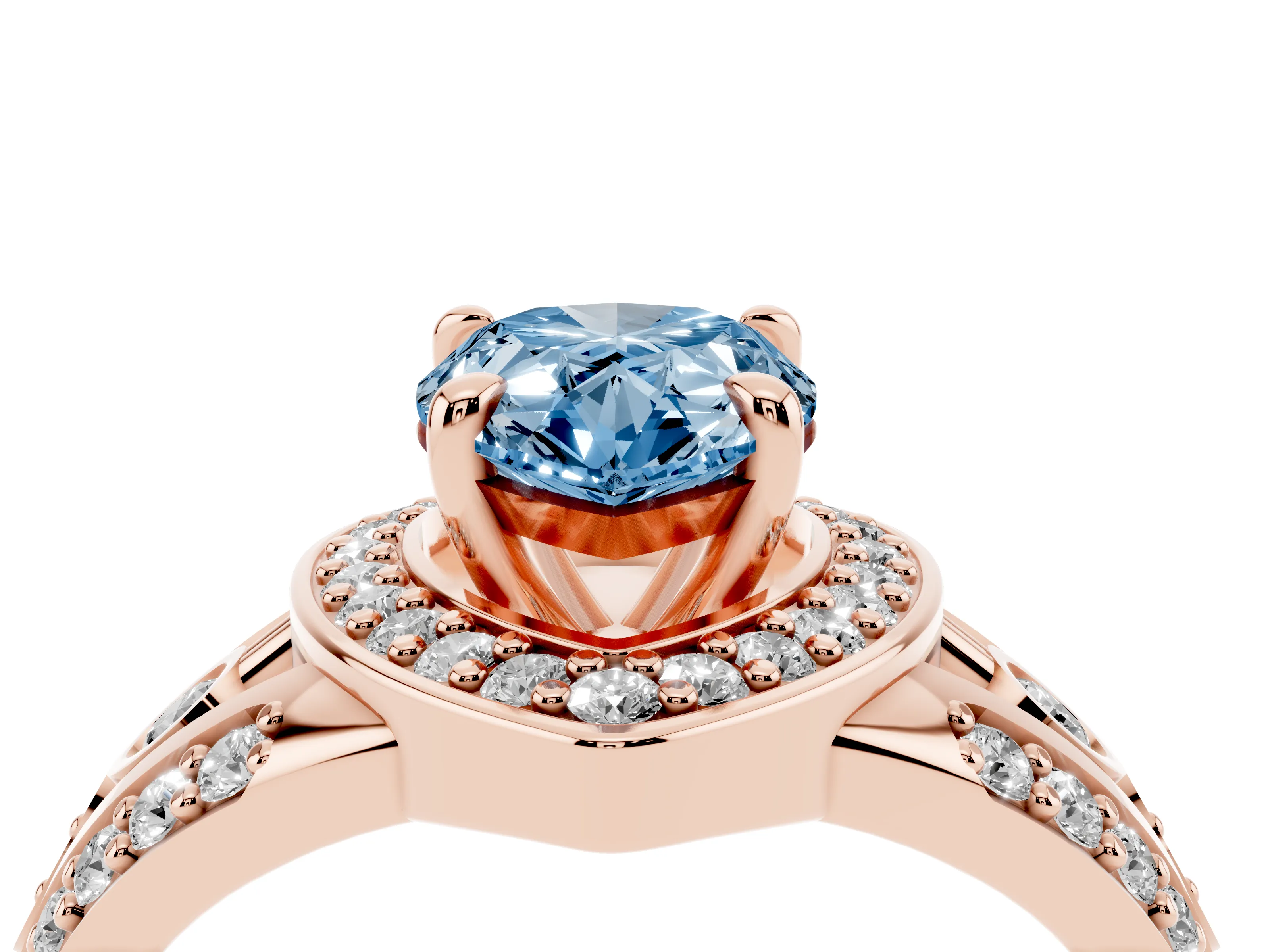 Fancy Blue Pear Cut Diamond Halo Ring Set in Rose gold with Pavé Split Shank and Bezel Accents