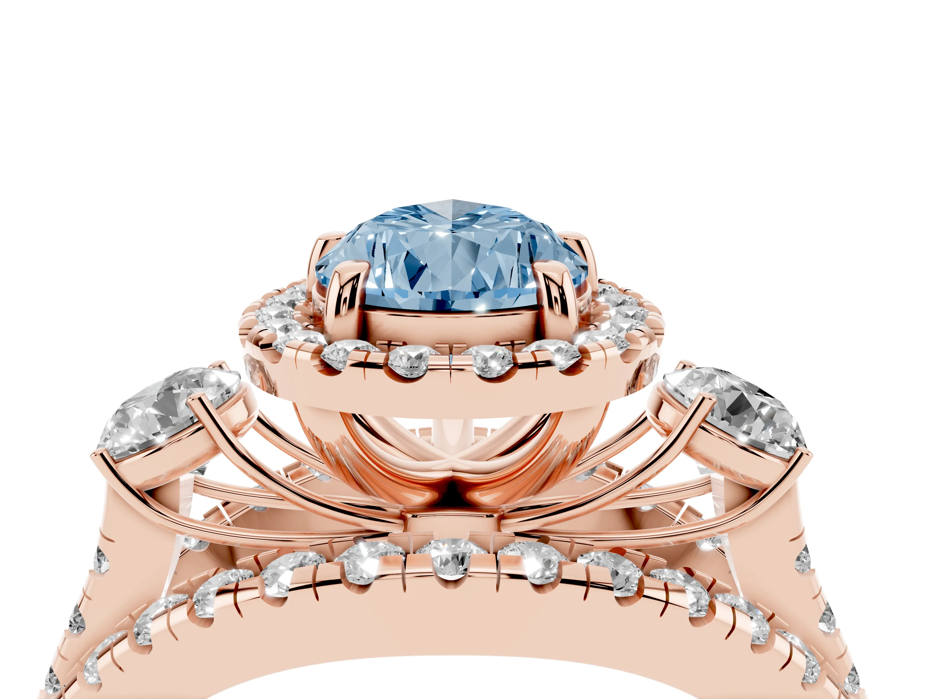 Fancy Blue Pear Cut Diamond Halo Split Shank Ring Set in Rose gold with Round Accent Stones and Prong Setting