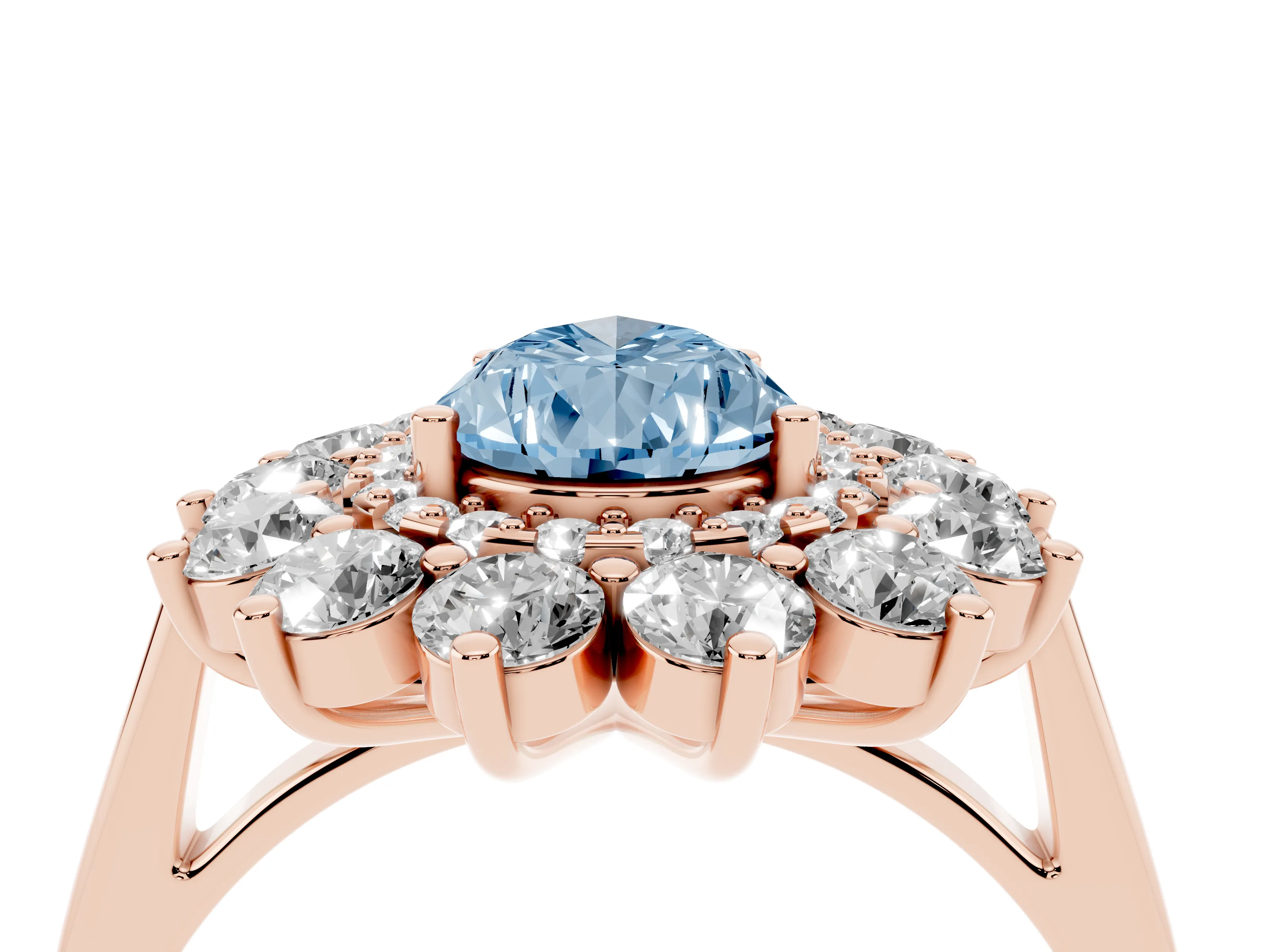 Fancy Blue Pear Cut Diamond Floral Double Halo Ring Set in Rose gold with Round Petals