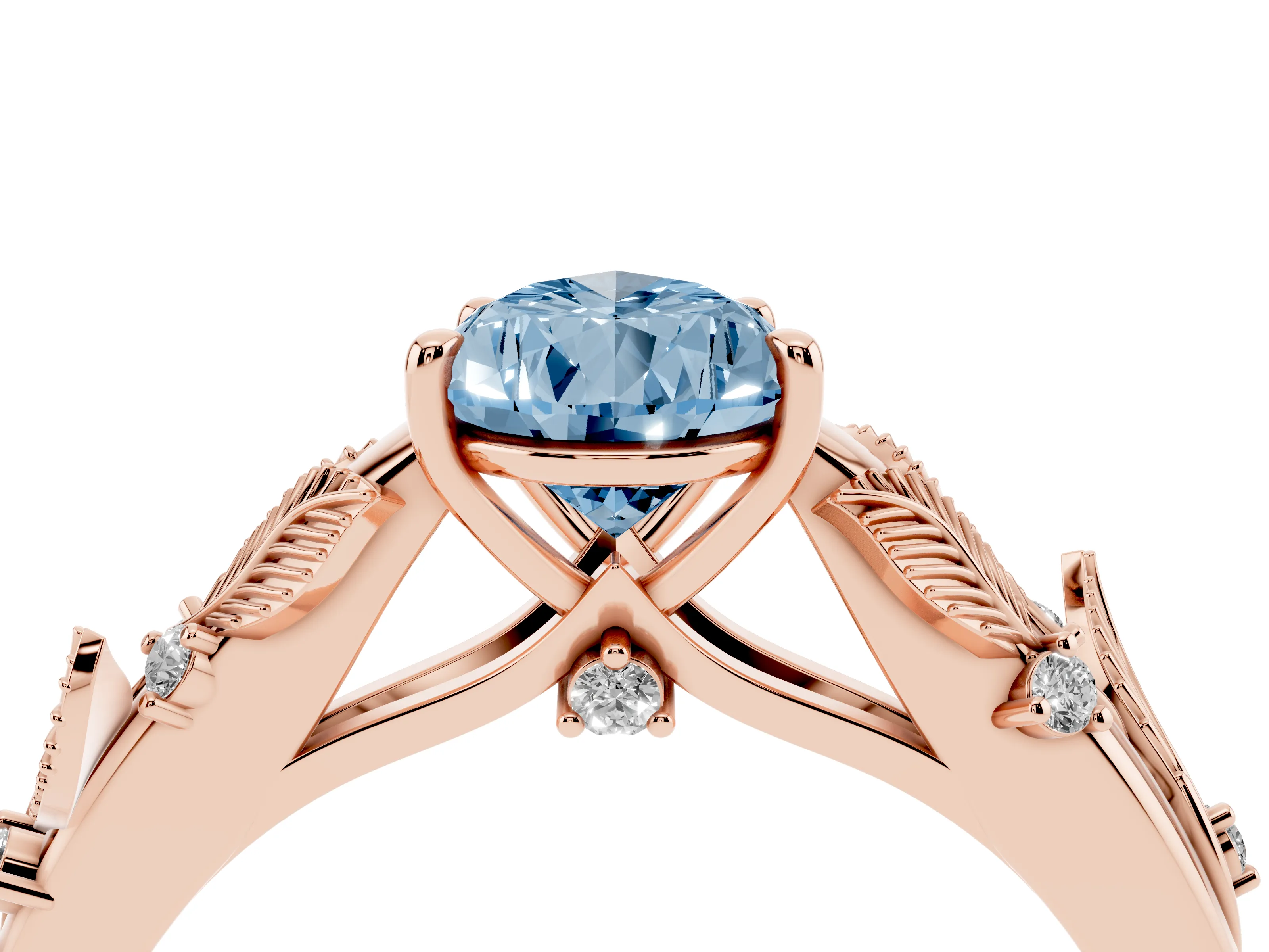 Fancy Blue Pear Cut Diamond Solitaire Ring Set in Rose gold with Leaf Motif Band
