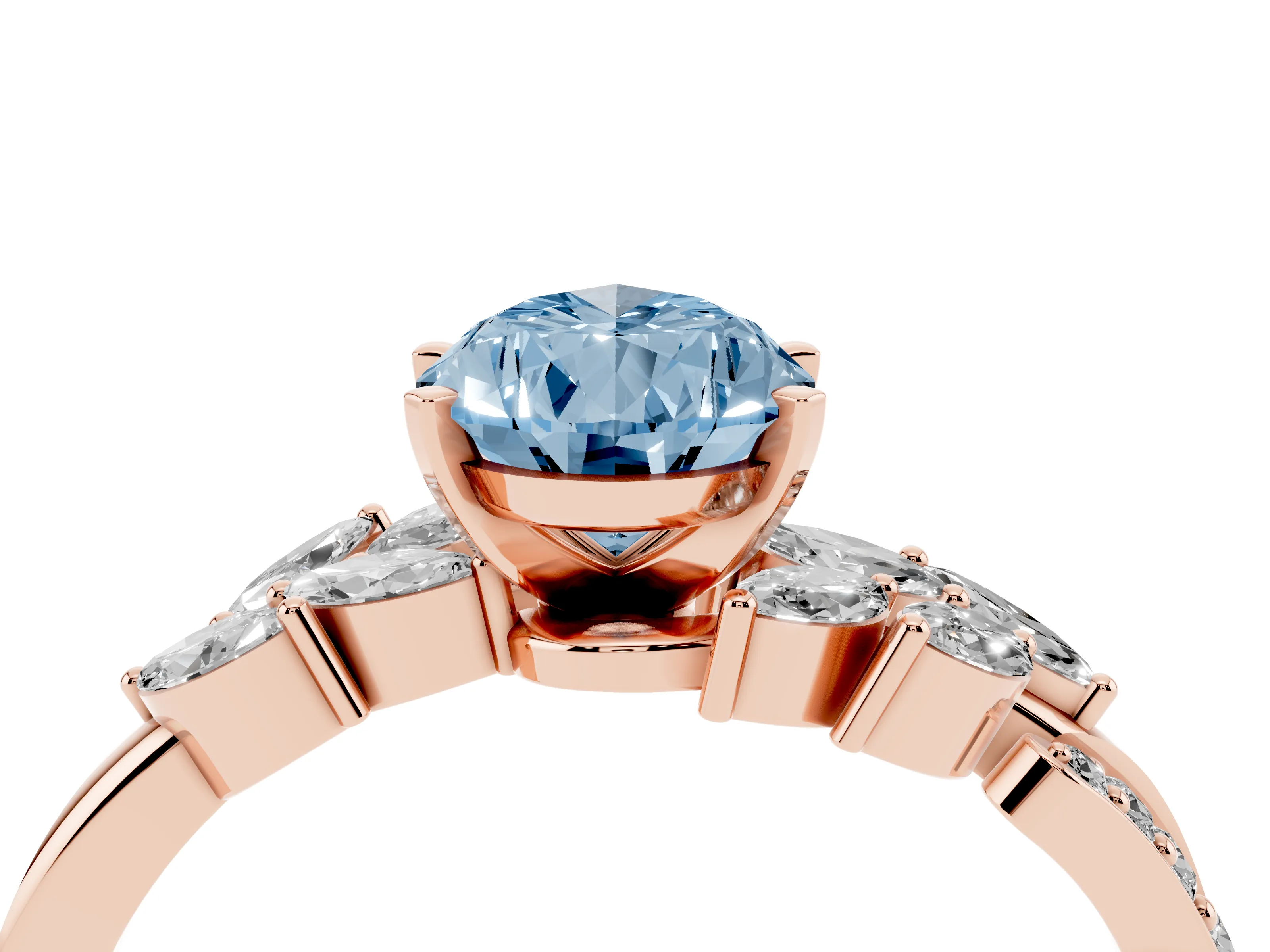Fancy Blue Pear Cut Diamond Solitaire Ring Set in Rose gold with Marquise Twist Band and Prong Setting