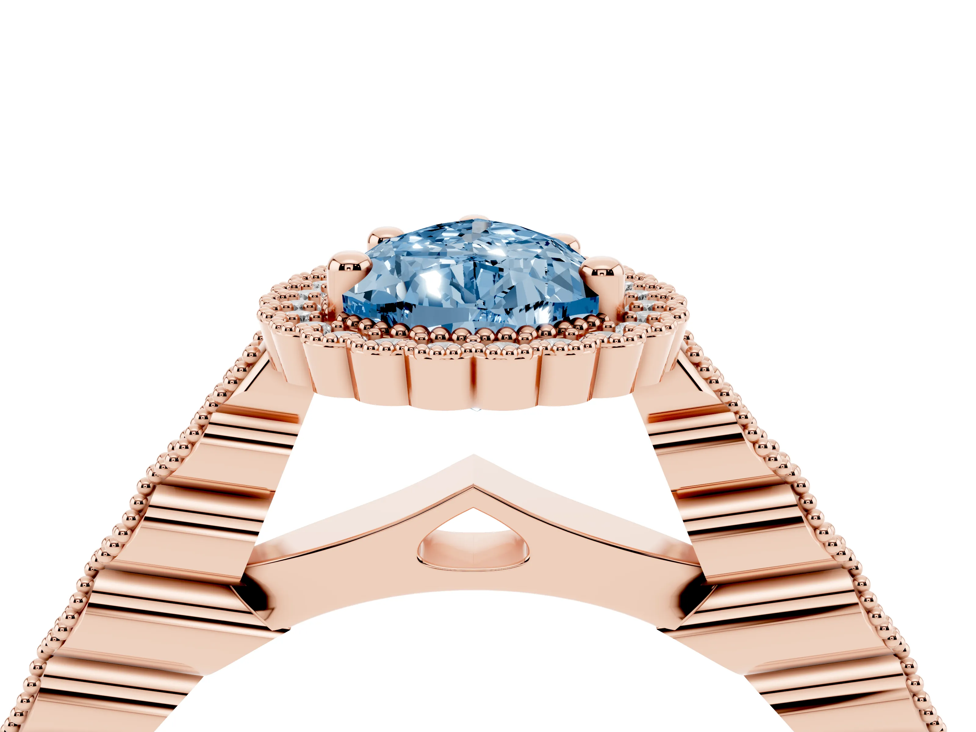 Fancy Blue Pear Cut Diamond Halo Ring Set in Rose gold with Pavé Milgrain Band