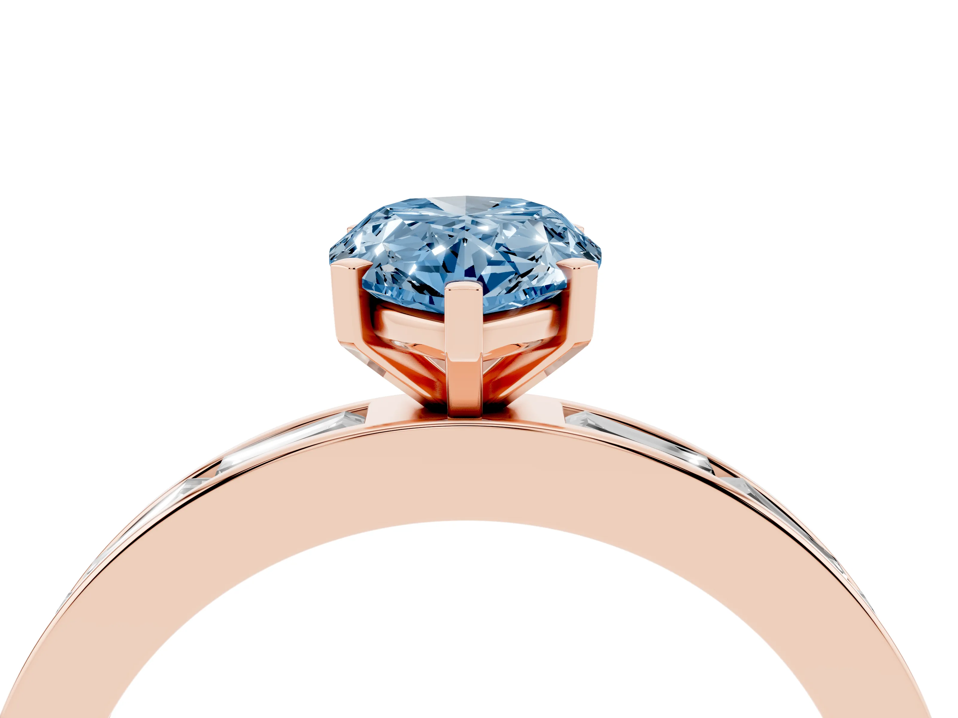 Fancy Blue Pear Cut Diamond Solitaire Ring Set in Rose gold with Channel-Set Baguette Band and Prong Setting