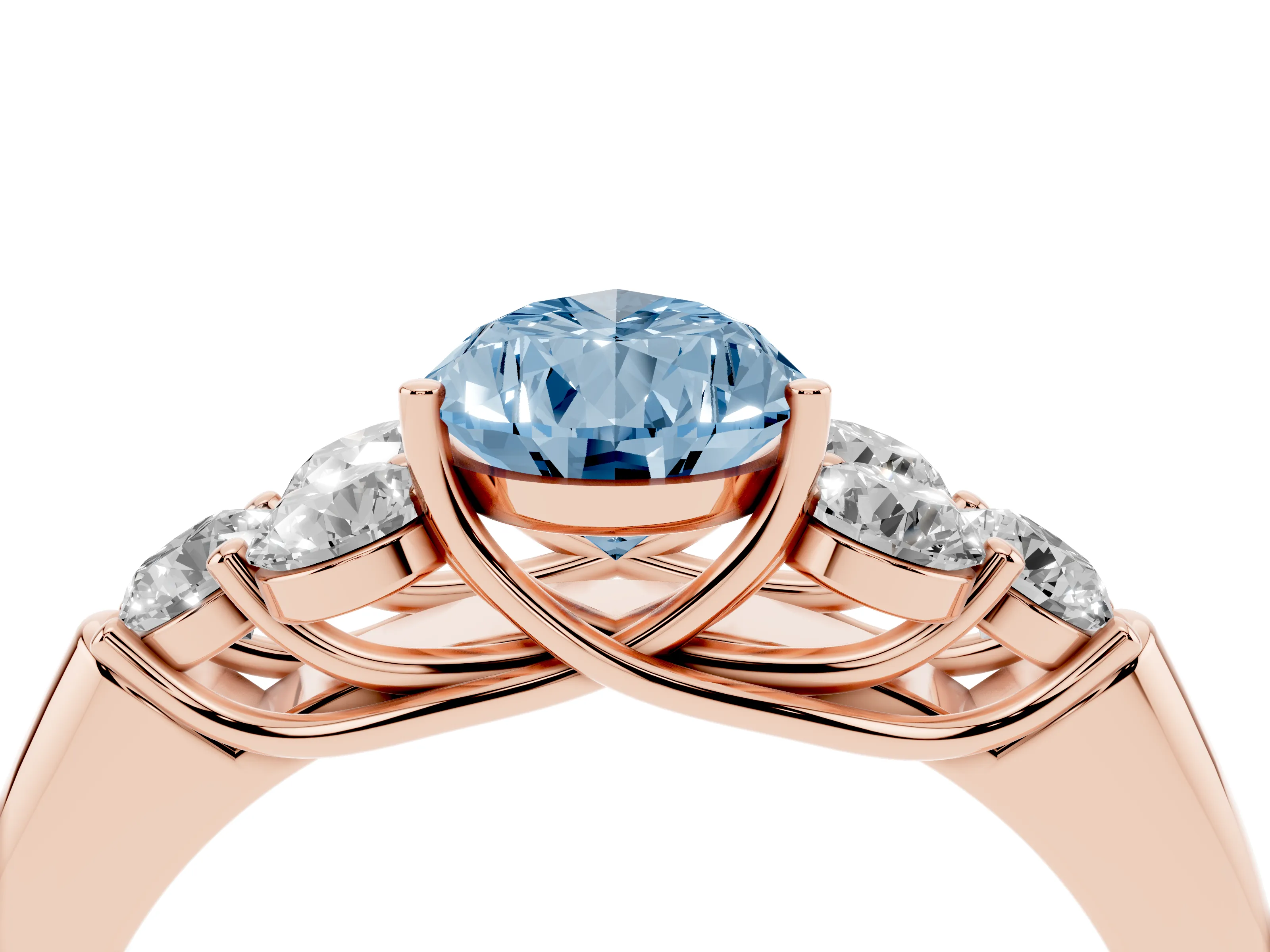 Fancy Blue Pear Cut Diamond Cluster Ring Set in Rose gold with Round Accent Stones and Prong Setting on a Plain Band