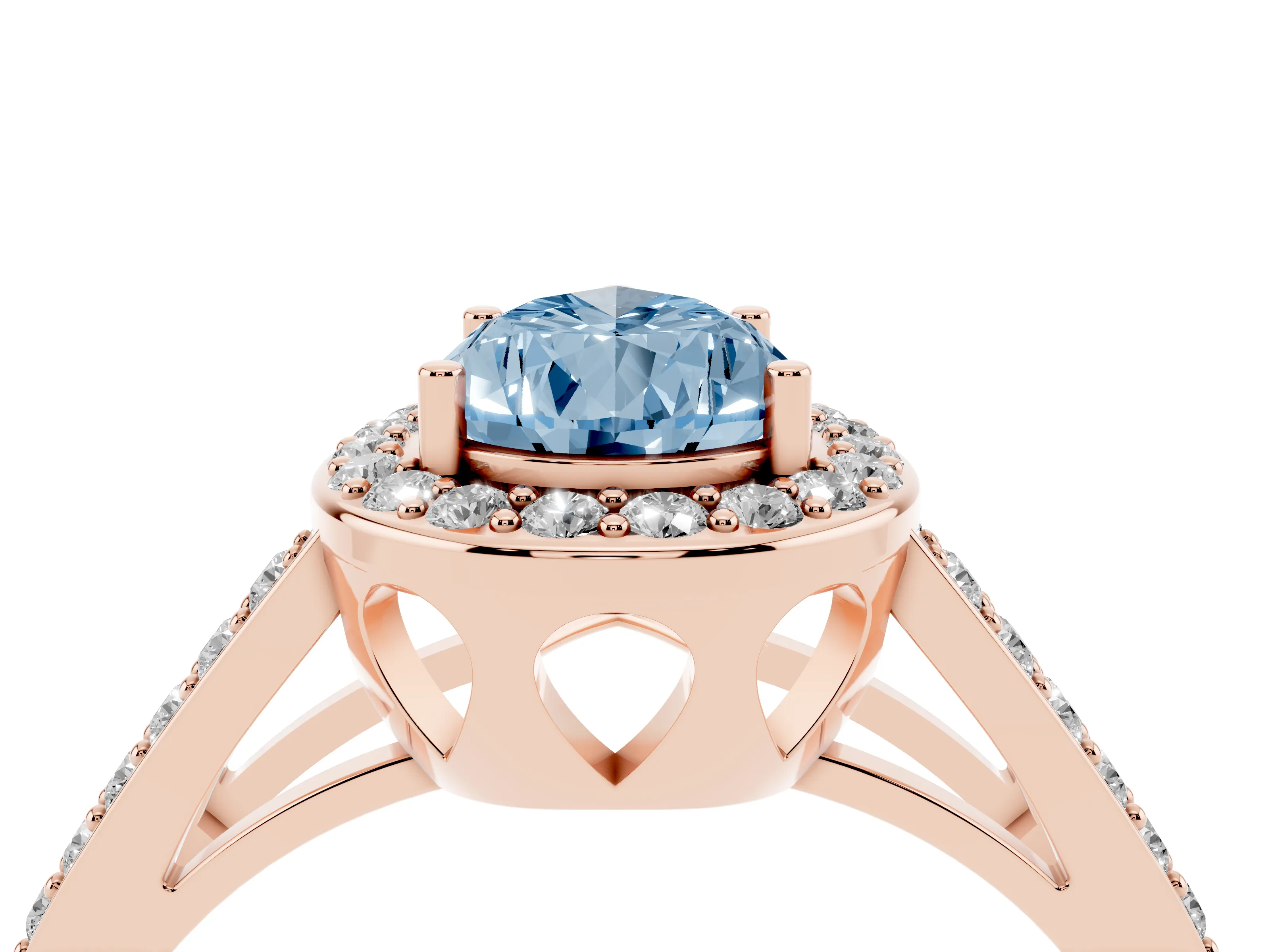 Fancy Blue Pear Cut Diamond Halo Ring Set in Rose gold with U-Prong Split Shank and Prong Setting