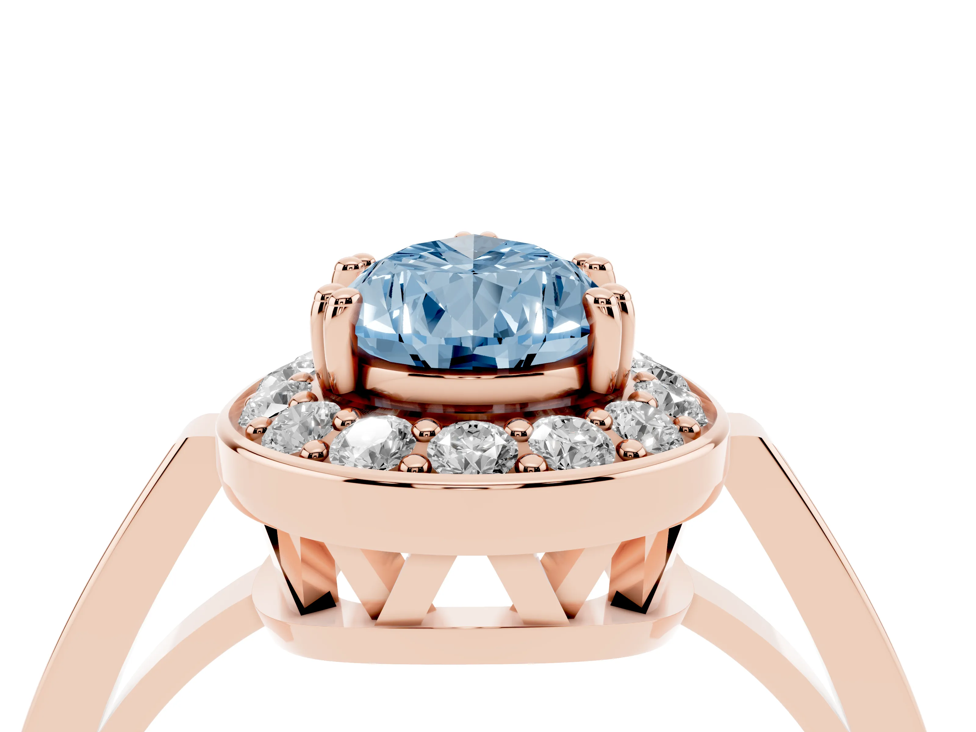 Fancy Blue Pear Cut Diamond Halo Ring Set in Rose gold with Accent-Lined Split Shank and Prong Setting