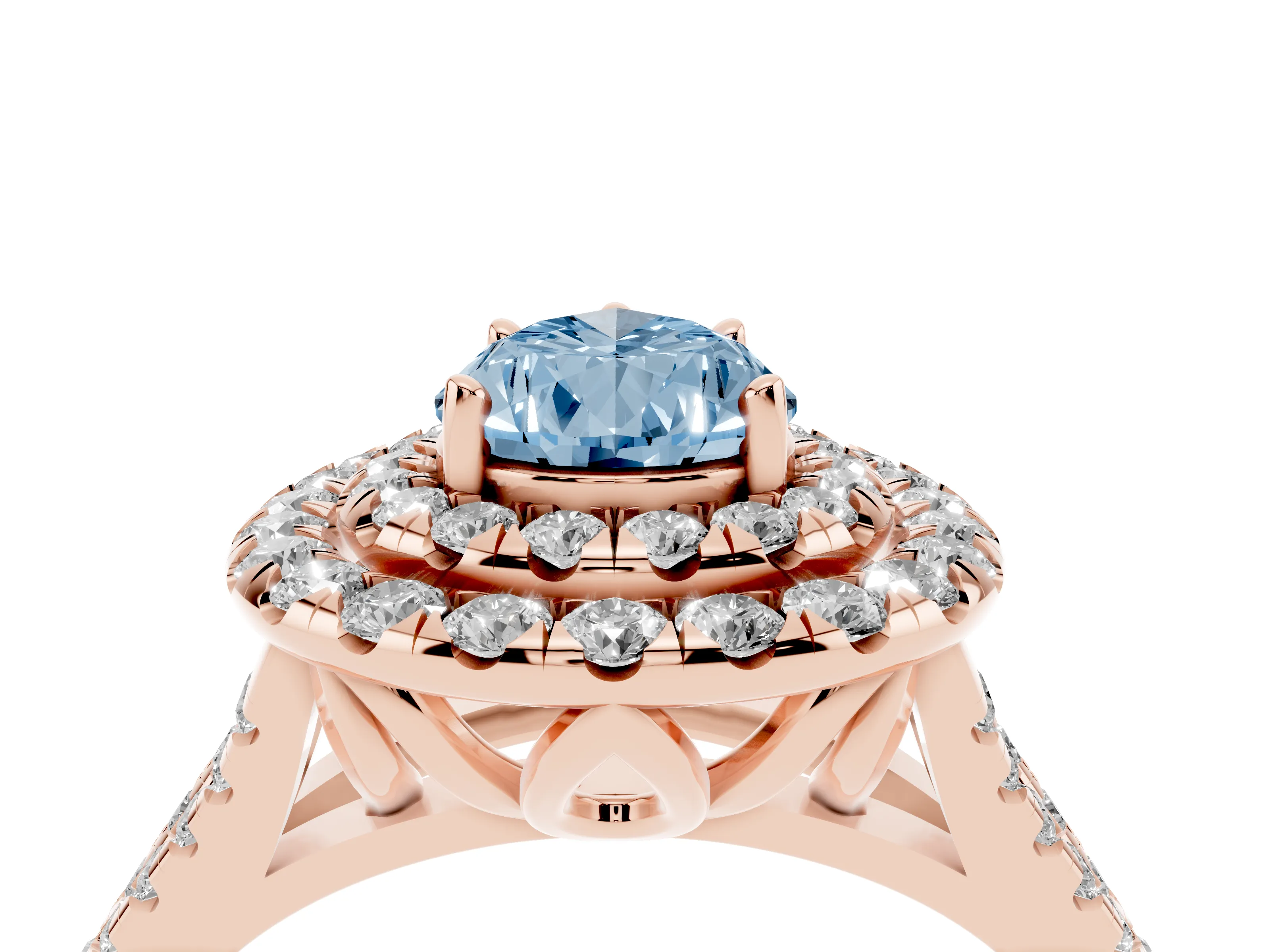 Fancy Blue Pear Cut Diamond Double Halo Ring Set in Rose gold with Pavé Split Shank and Prong Setting