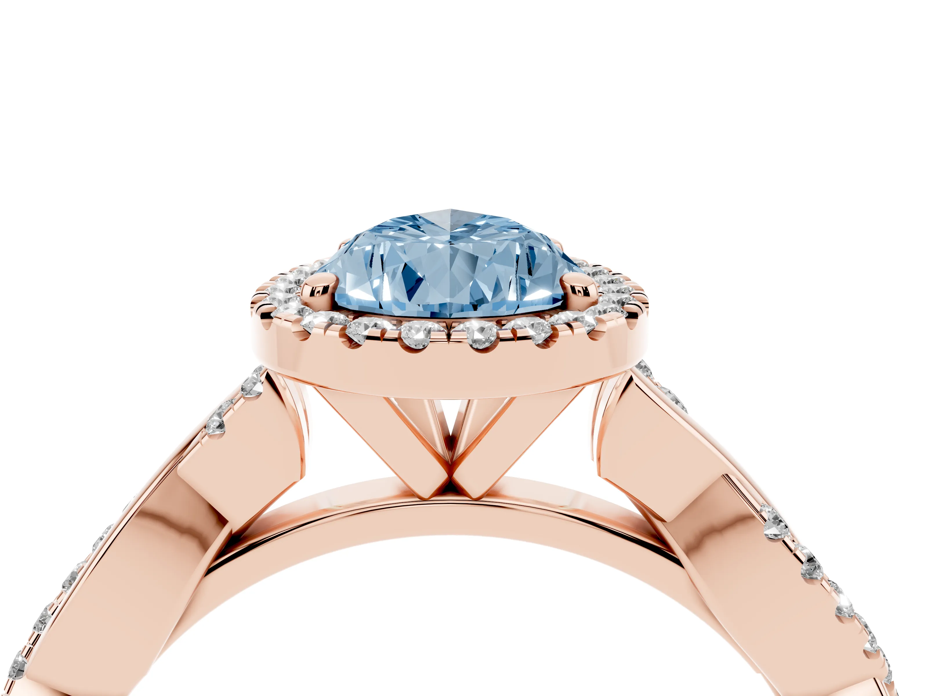 Fancy Blue Pear Cut Diamond Halo Twisted Band Ring Set in Rose gold with Prong Setting