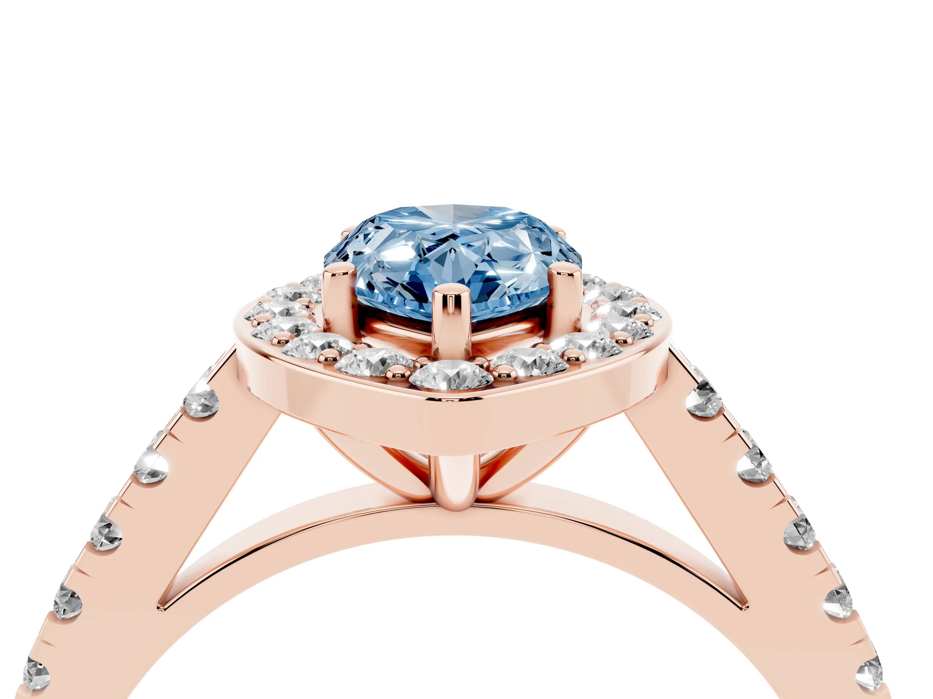 Fancy Blue Pear Cut Diamond Halo Ring Set in Rose gold with Round Pavé Split Shank and Prong Setting