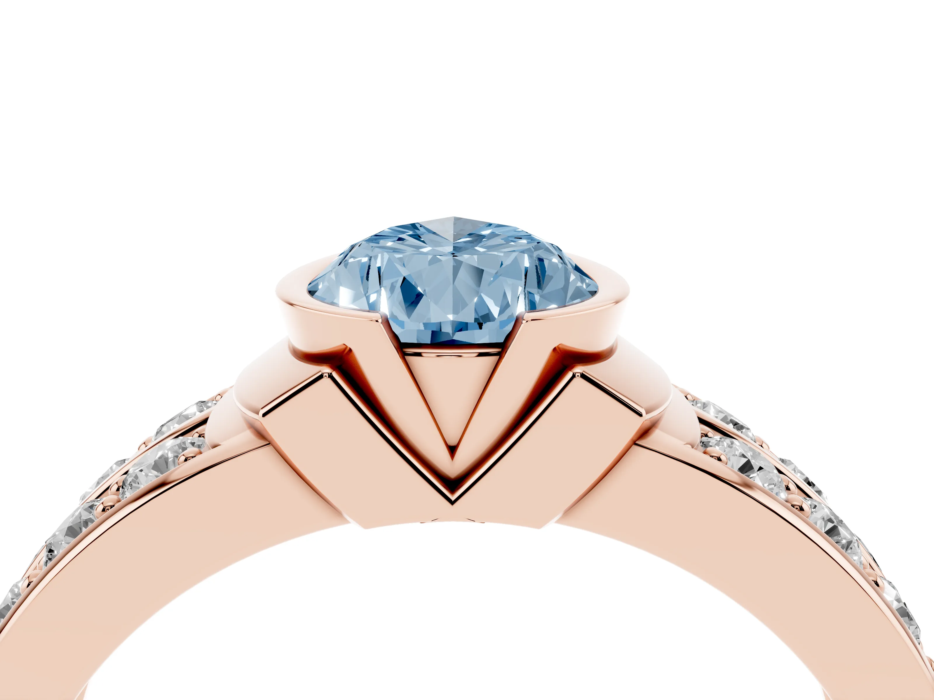 Fancy Blue Pear Cut Diamond Wide Channel Set Band Ring Set in Rose gold with Bezel Setting