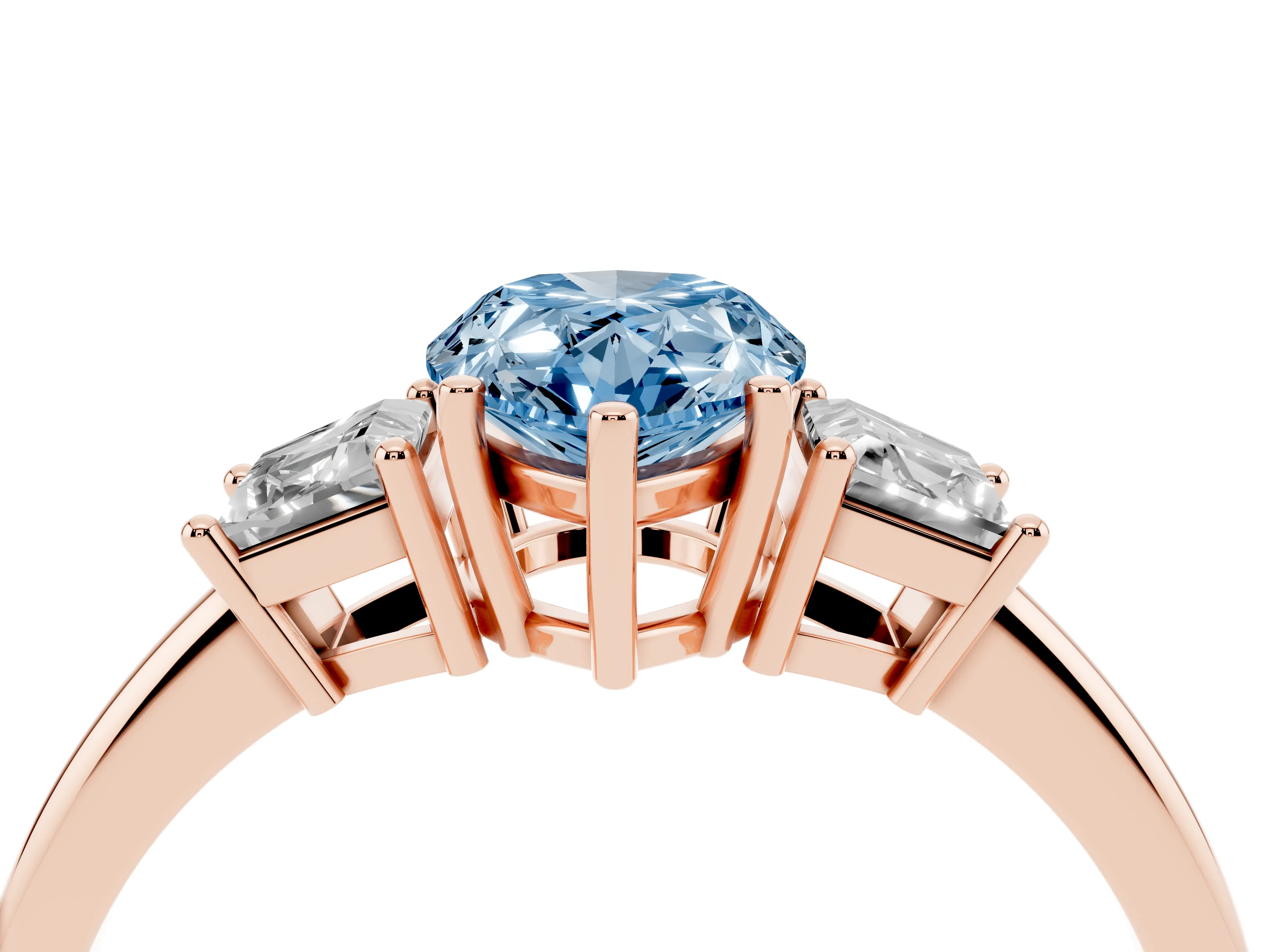 Fancy Blue Pear Cut Diamond Three-Stone Ring Set in Rose gold with Trapezoid Side Stones and Prong Setting