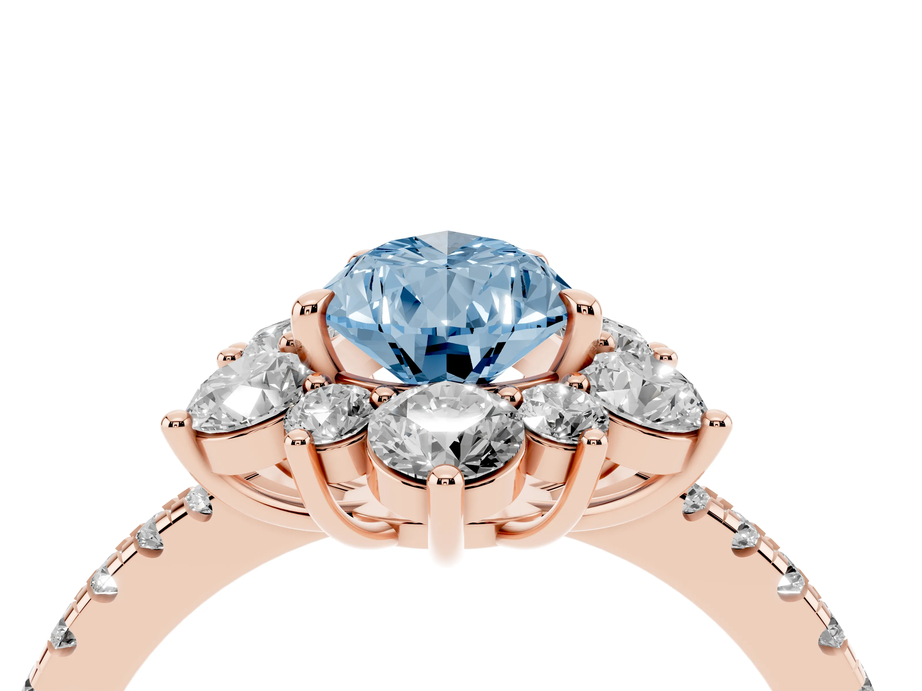 Fancy Blue Pear Cut Diamond Floral Halo Ring Set in Rose gold with Round Pavé Band and Prong Setting