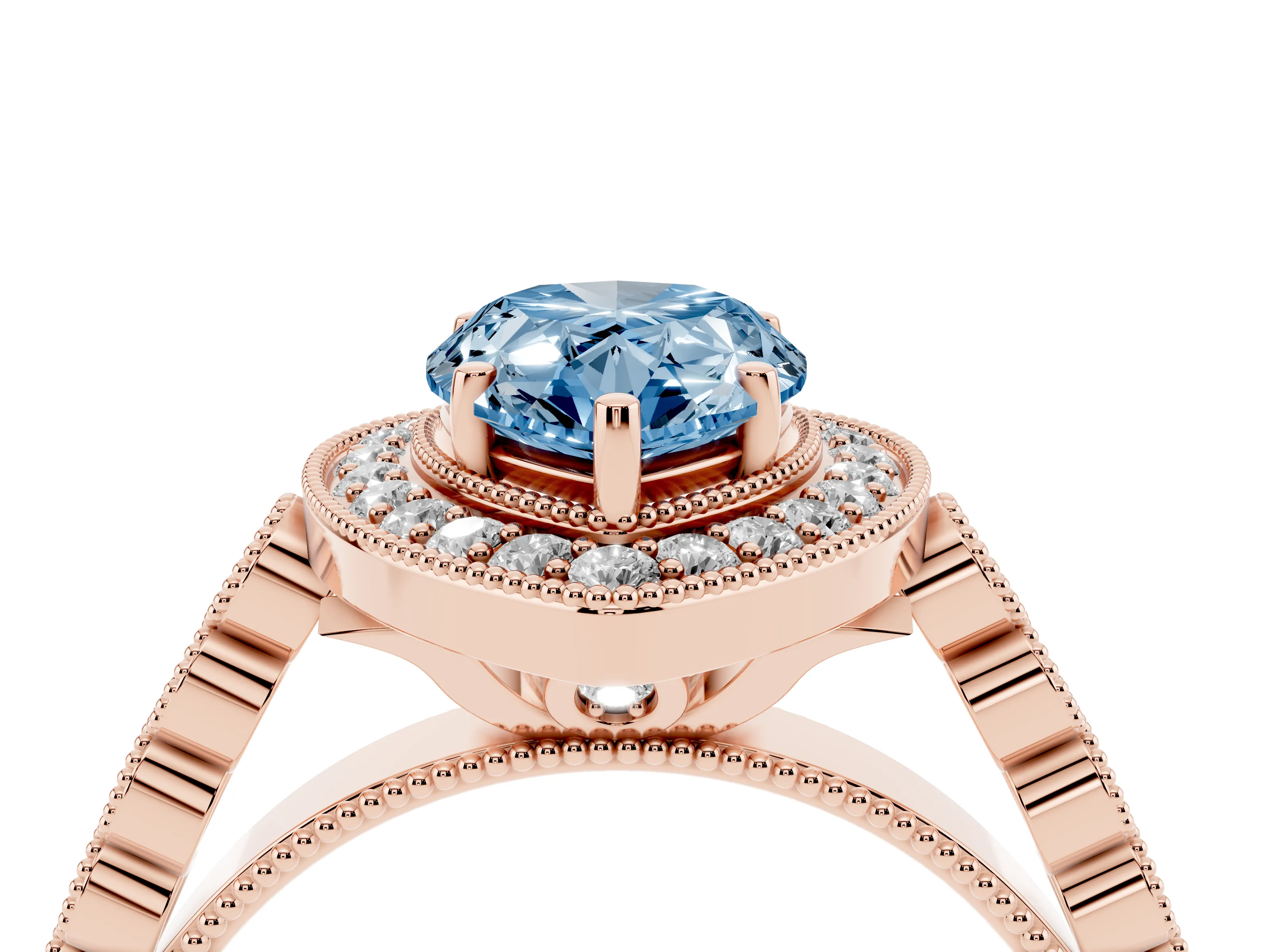 Fancy Blue Pear Cut Diamond Milgrain Halo Solitaire Ring Set in Rose gold with Bezel Set Side Stones and Pavé Band