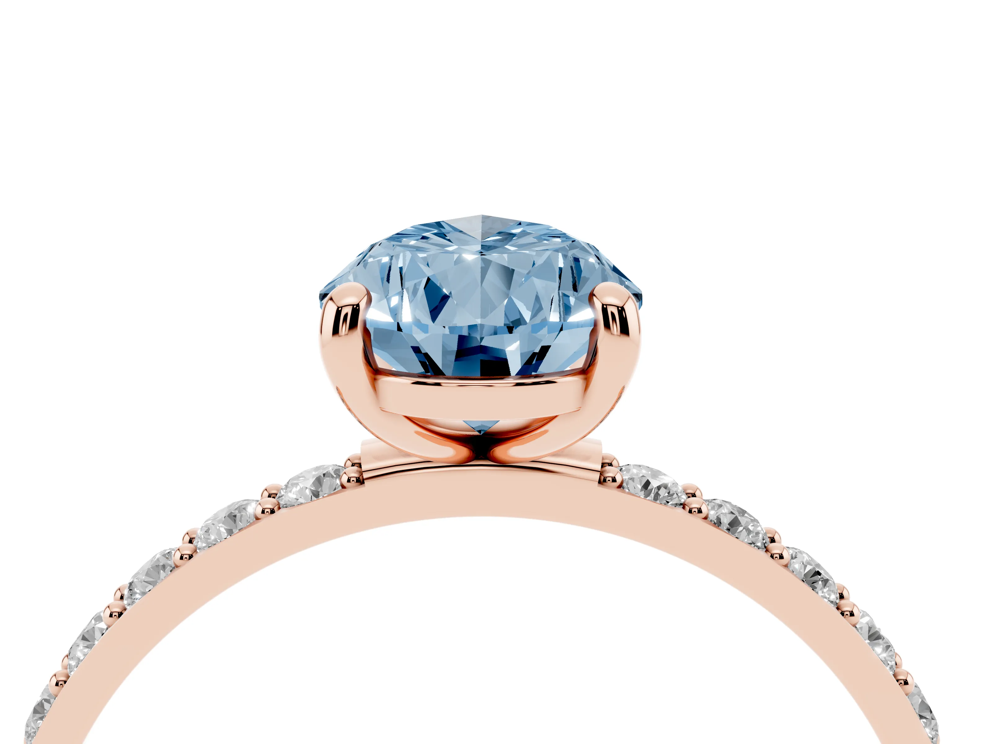 Fancy Blue Pear Cut Diamond Solitaire Ring Set in Rose gold with Round Pavé Band and Prong Setting