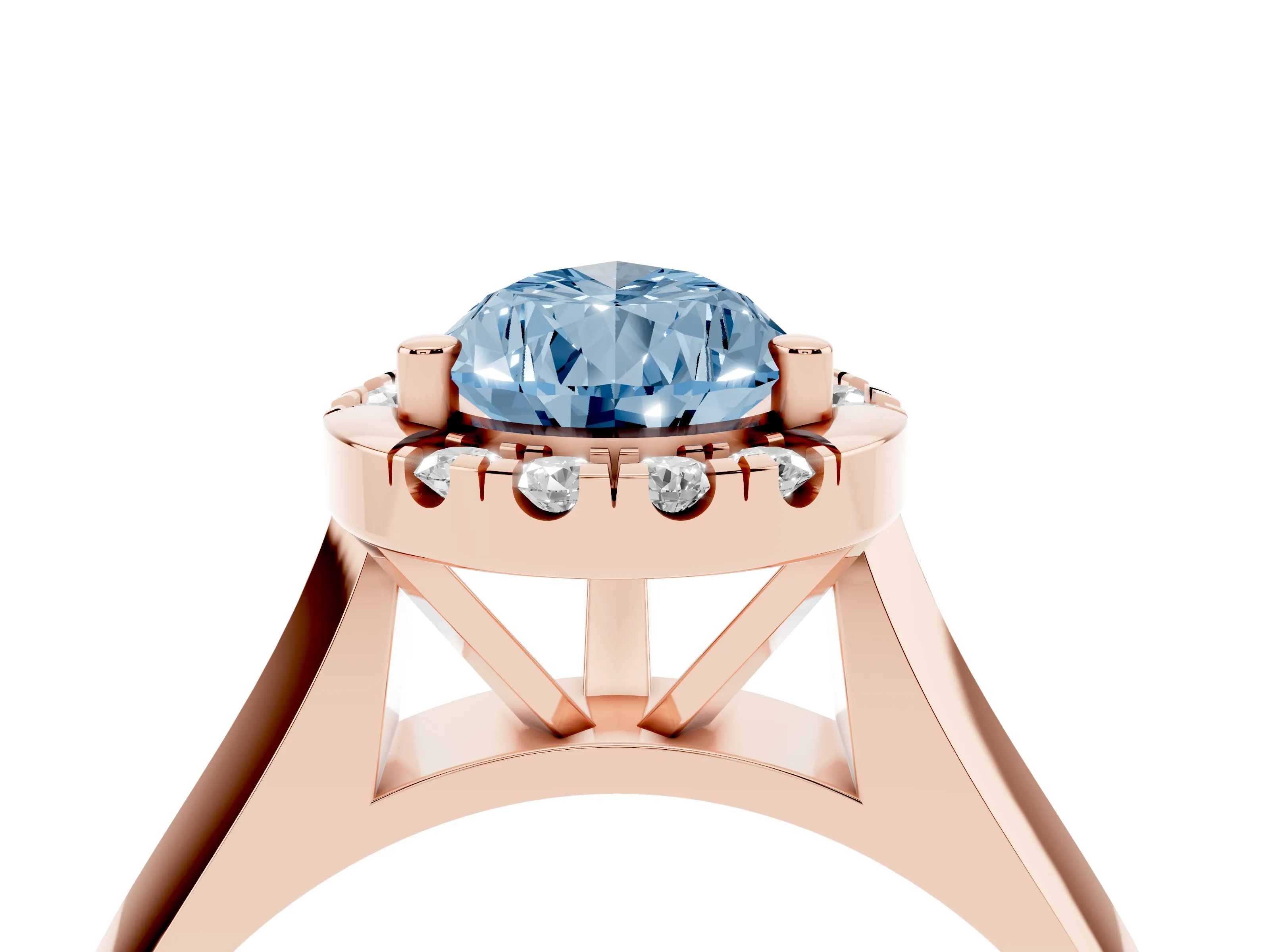 Fancy Blue Pear Cut Diamond Halo Solitaire Engagement Ring Set in Rose gold with Square Band and Prong Setting