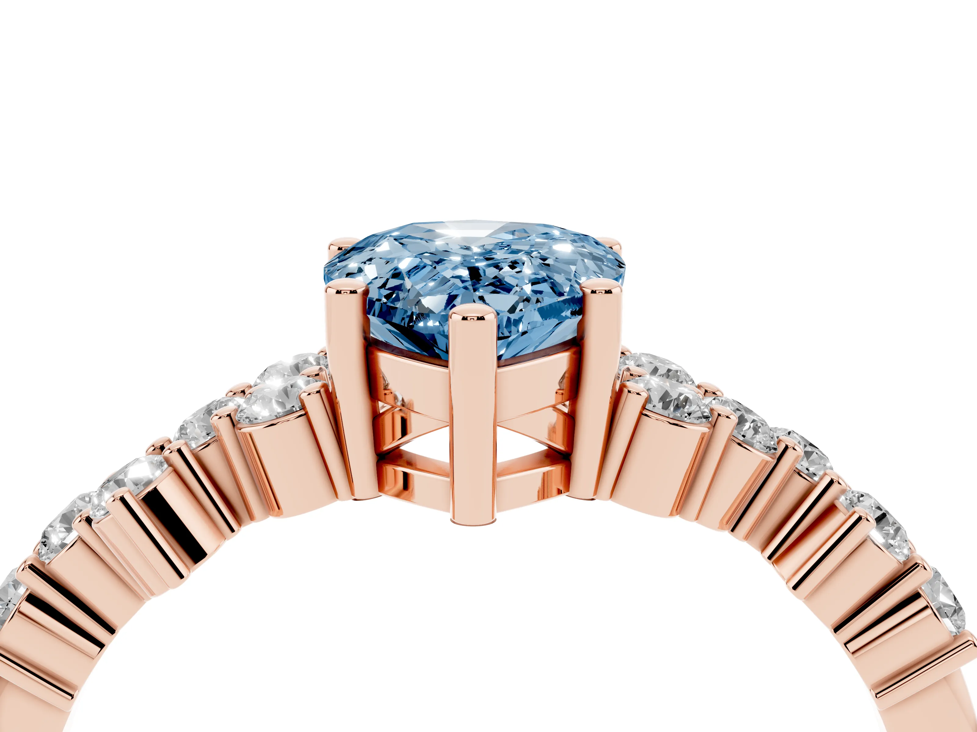 Fancy Blue Pear Cut Diamond Ring Set in Rose gold with Scattered Round Accents