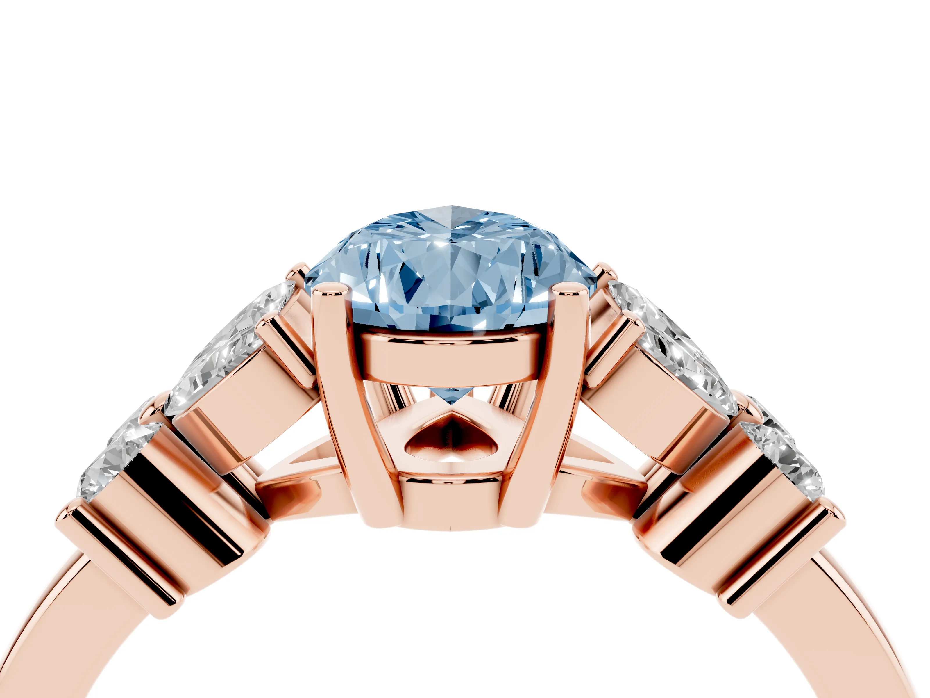 Fancy Blue Pear Cut Diamond Floral Cluster Ring Set in Rose gold with Marquise Petals and Prong Setting