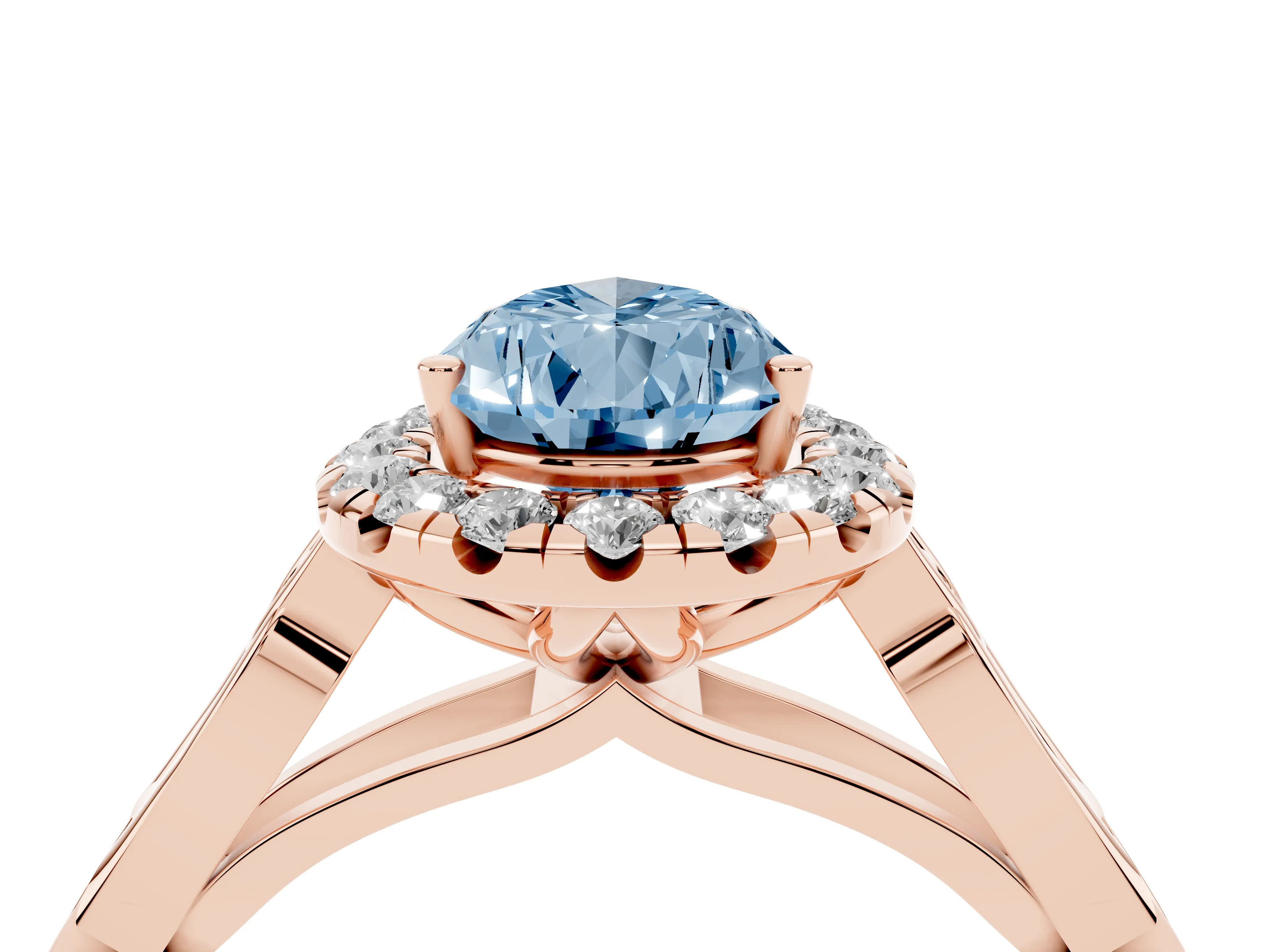 Fancy Blue Pear Cut Diamond Halo Engagement Ring Set in Rose gold with Filigree Band and Prong-Set Center