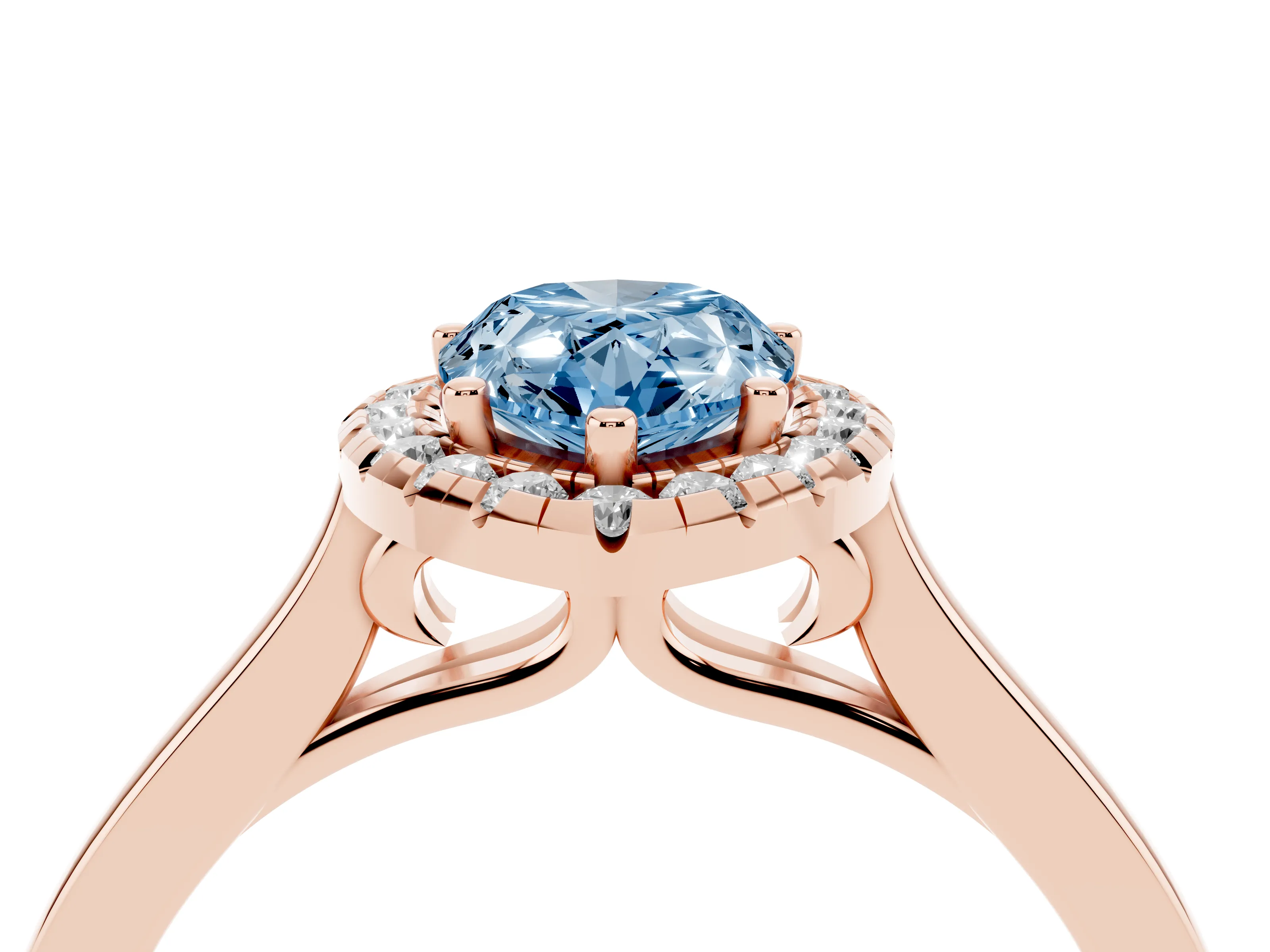 Fancy Blue Pear Cut Halo Round Diamond Solitaire Ring Set in Rose gold with Pavé Band and Prong Setting