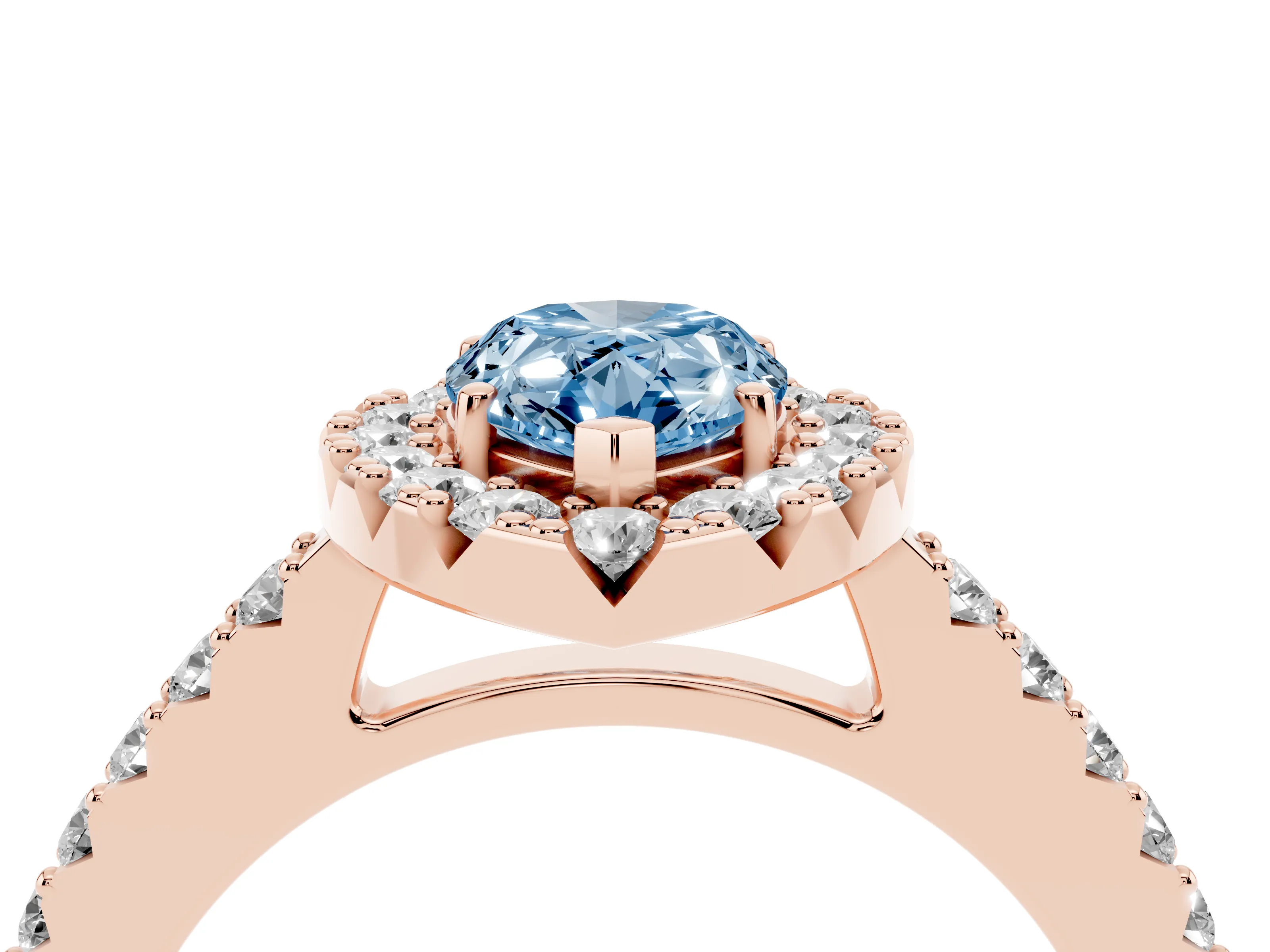 Fancy Blue Pear Cut Diamond Halo Pavé Solitaire Ring Set in Rose gold with Prong-Set Center Stone