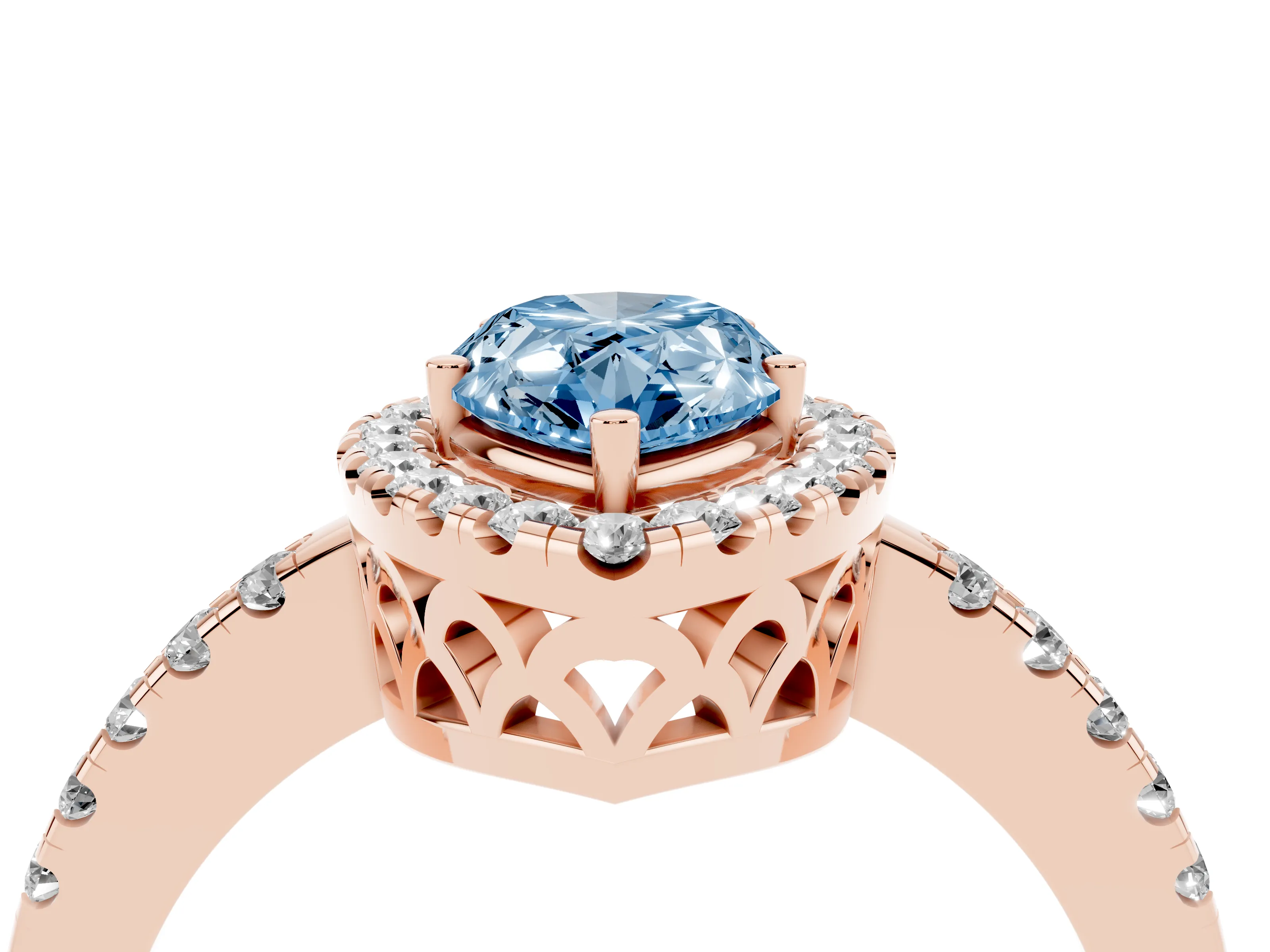 Fancy Blue Pear Cut Diamond Pavé Band Halo Engagement Ring Set in Rose gold with Prong Setting