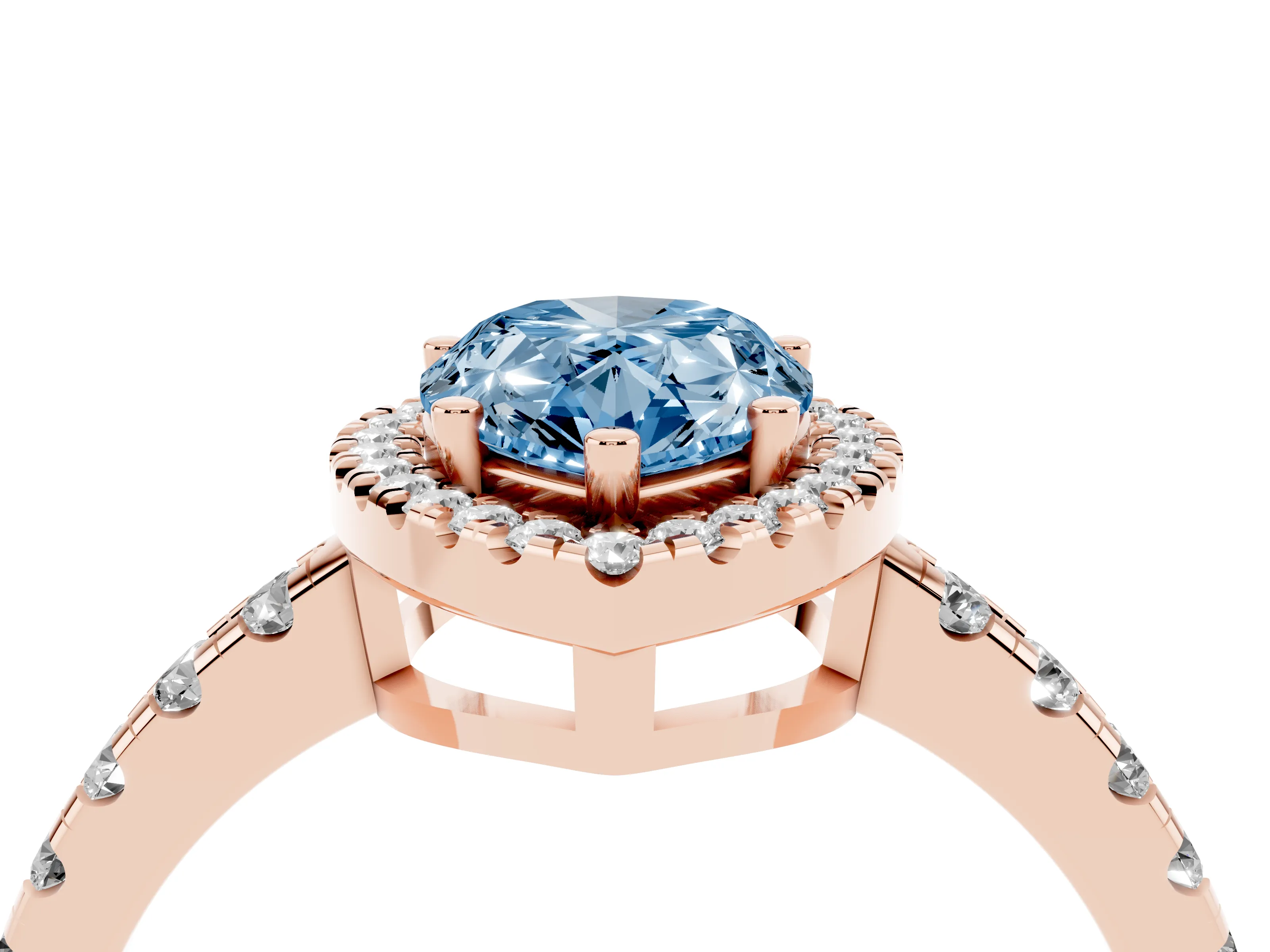 Fancy Blue Pear Cut Diamond Halo Ring Set in Rose gold with Delicate Pavé Band and Prong Setting