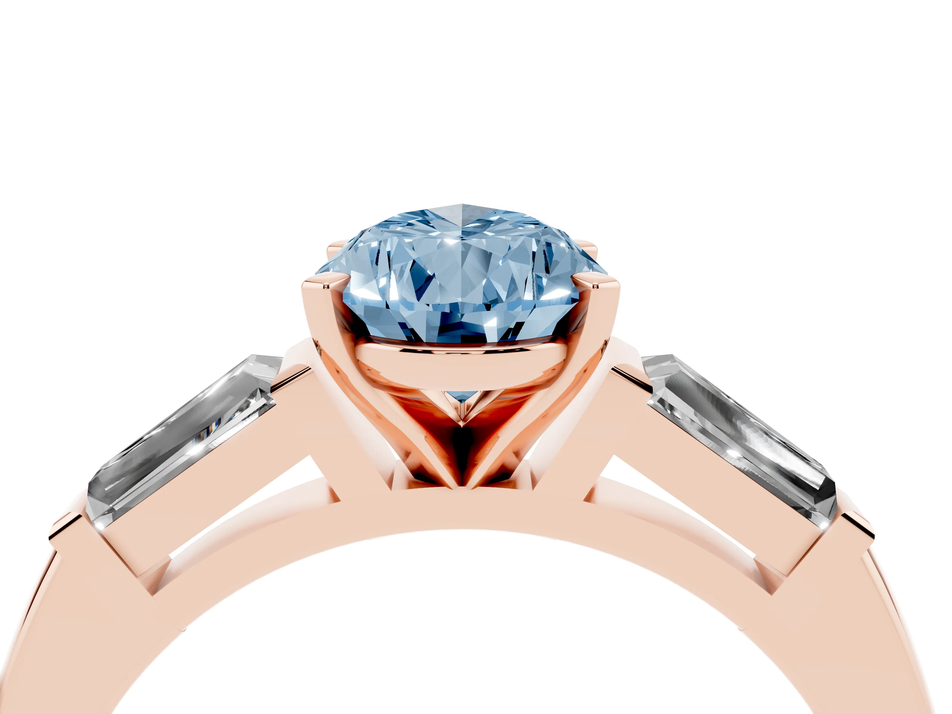 Fancy Blue Pear Cut Diamond Solitaire Ring Set in Rose gold with Tapered Baguette Side Stones and Prong Setting