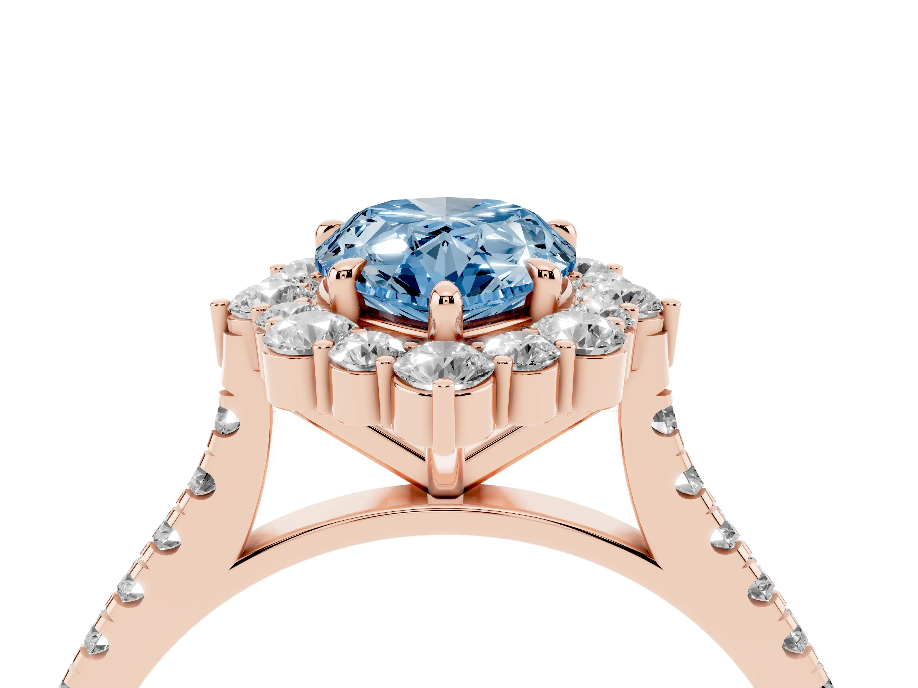 Fancy Blue Pear Cut Diamond Halo Ring Set in Rose gold with Pavé Band and Prong Setting