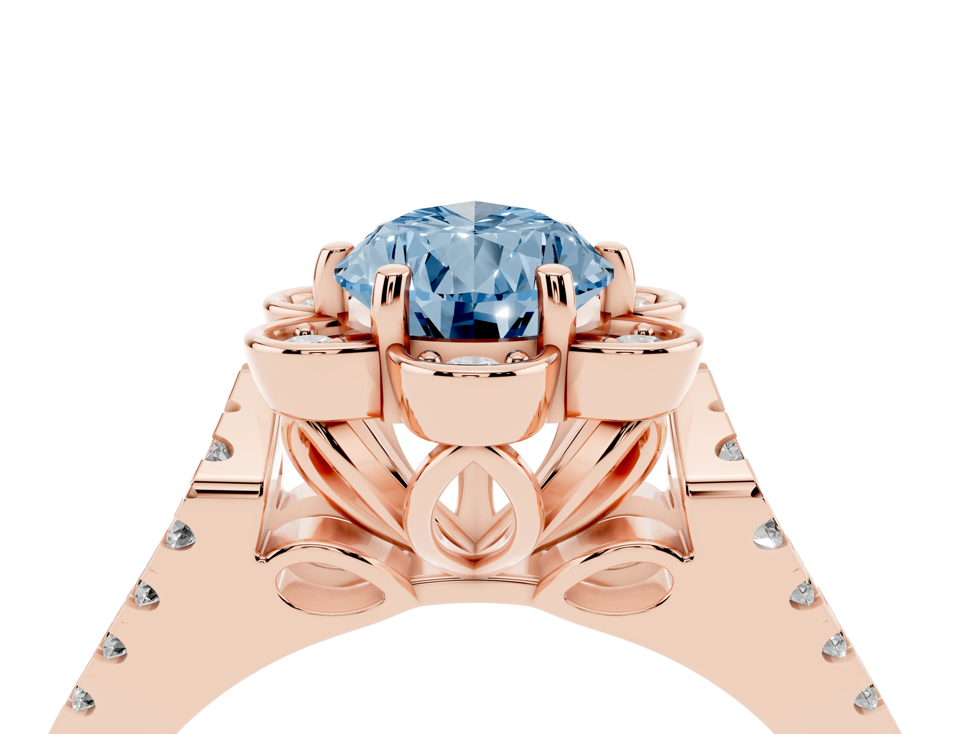 Fancy Blue Pear Cut Diamond Floral Halo Split Shank Engagement Ring Set in Rose gold with Pavé Shank