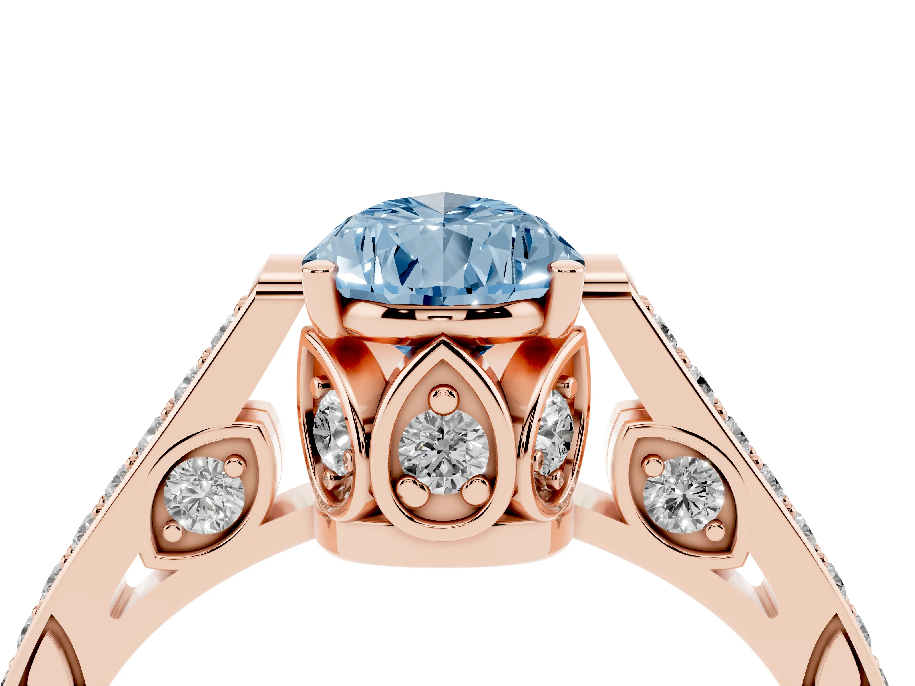 Fancy Blue Pear Cut Diamond Cathedral Pavé Engagement Ring Set in Rose gold with Prong Setting