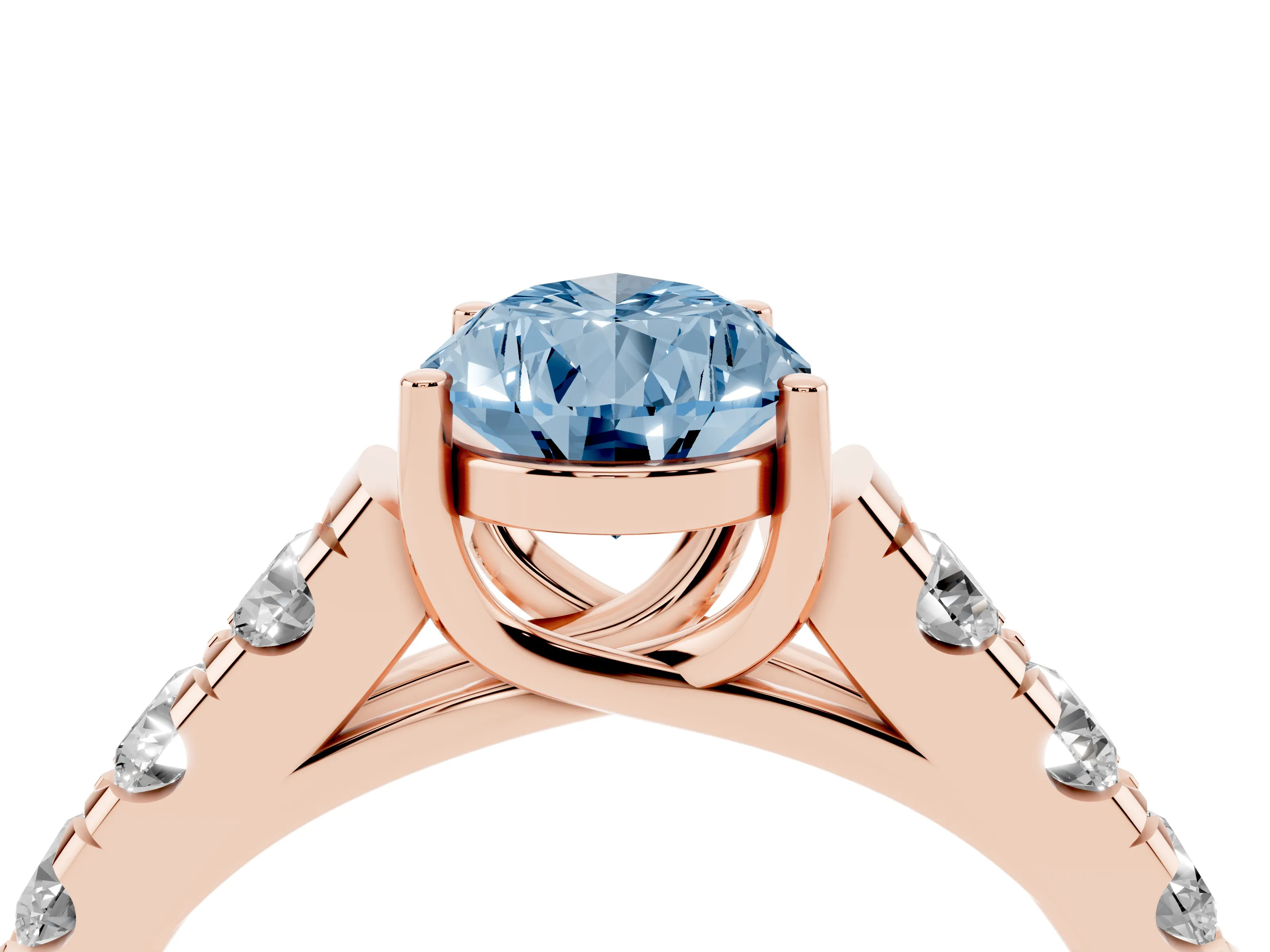 Fancy Blue Pear Cut Diamond Solitaire Ring Set in Rose gold with Cut-Down Micro Pavé Band and Prong Setting