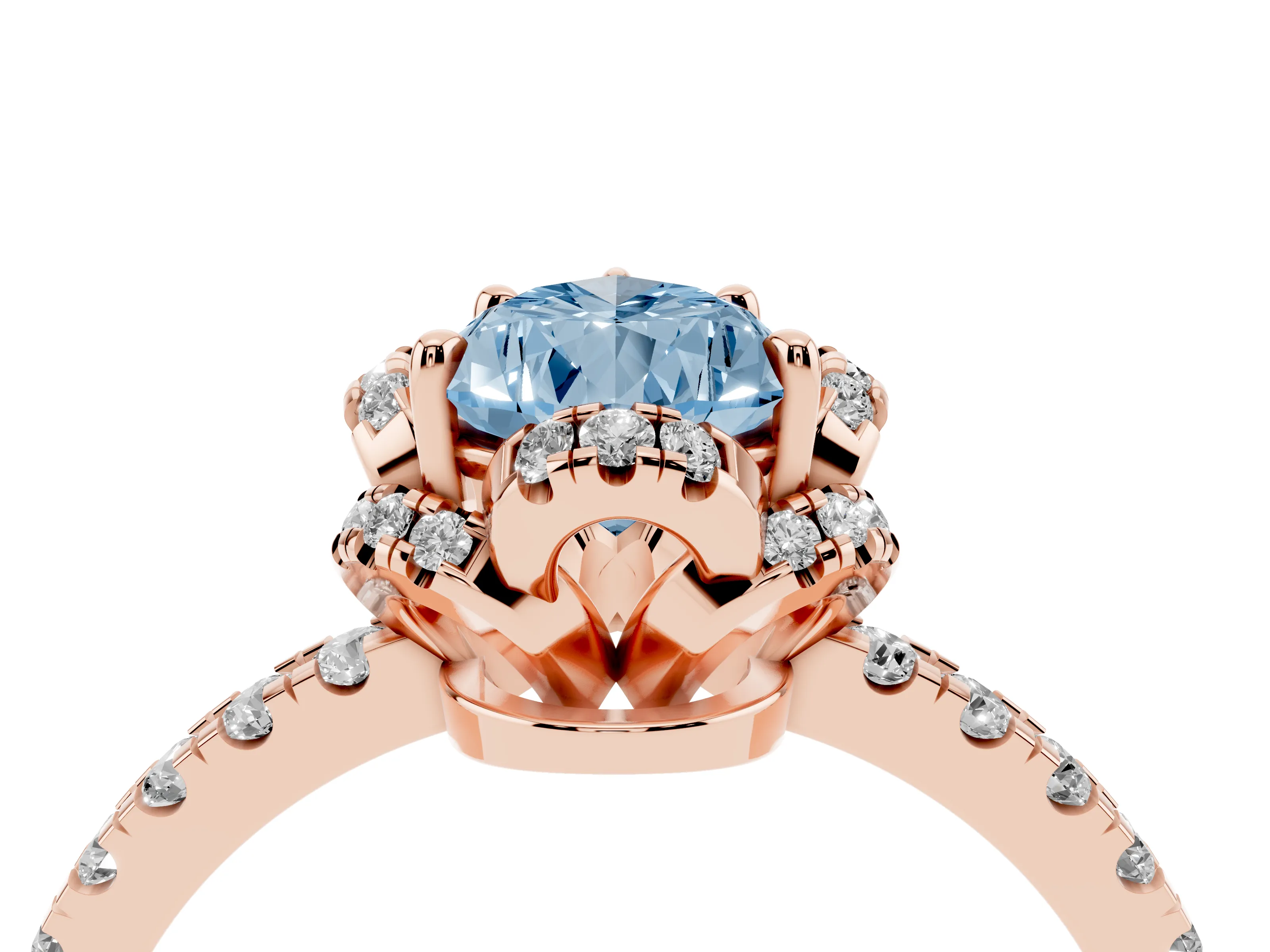 Fancy Blue Pear Cut Diamond Halo Pavé Band Ring Set in Rose gold with Prong-Held Center