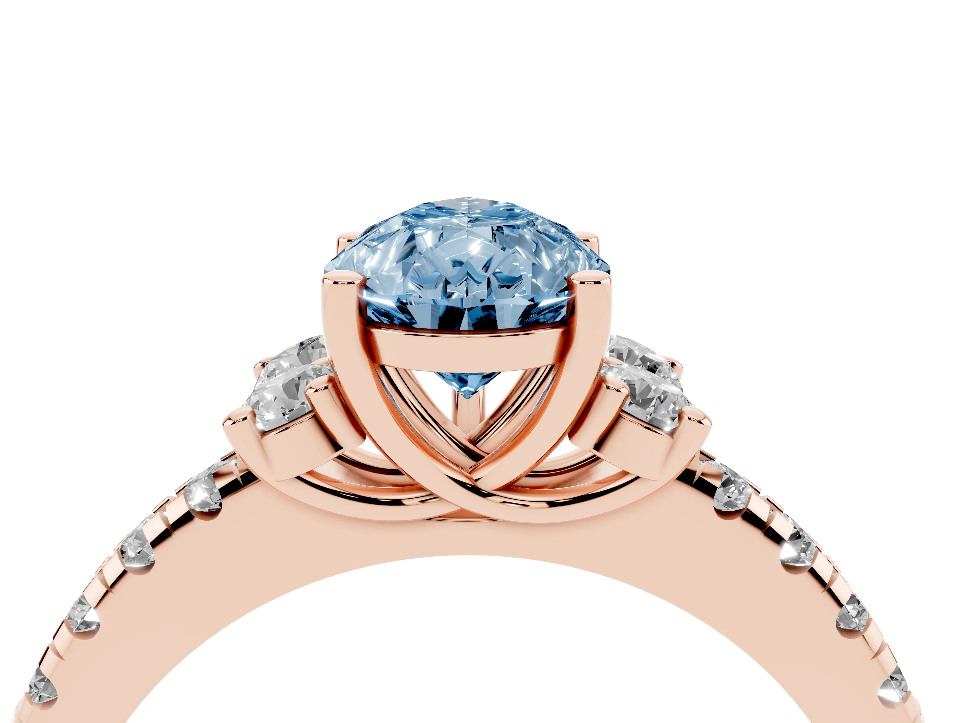 Fancy Blue Pear Cut Diamond Three-Stone Pavé Ring Set in Rose gold with Prong Setting
